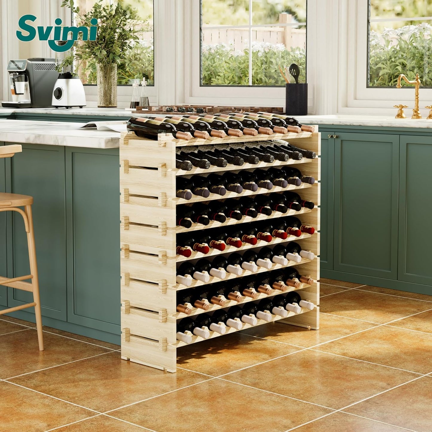 Modular Real Wood Wine Storage Racks - Stackable Wine Rack, Free Standing Floor Wooden Wine Rack, Premium Wine Storage Rack Elegant Display and Organizing for Kitchen and Cellar 8 Tier 72 Bottles