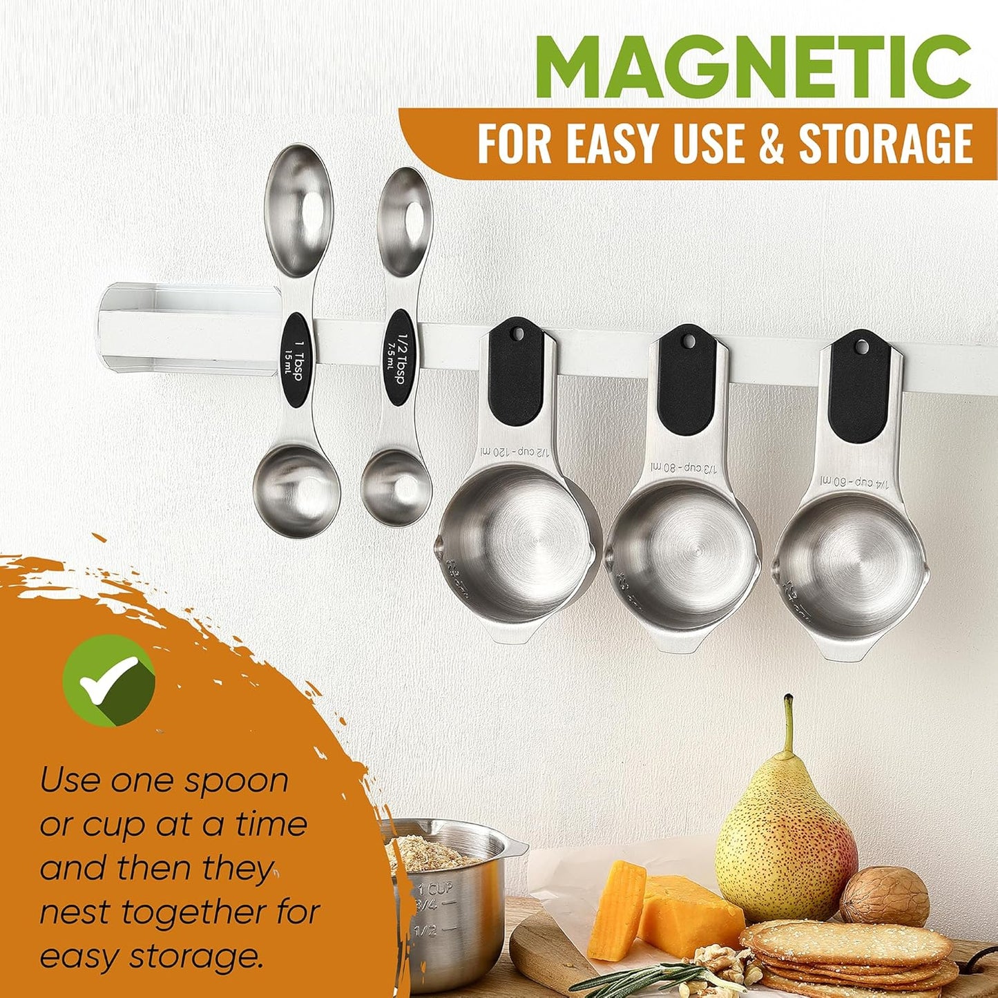 Spring Chef Magnetic Measuring Cups & Spoons Set (Patent Pending), Strong N45 Magnets, Heavy Duty Stainless Steel Fits in Spice Jars for Baking & Cooking, BPA Free, Round Set of 9, Black