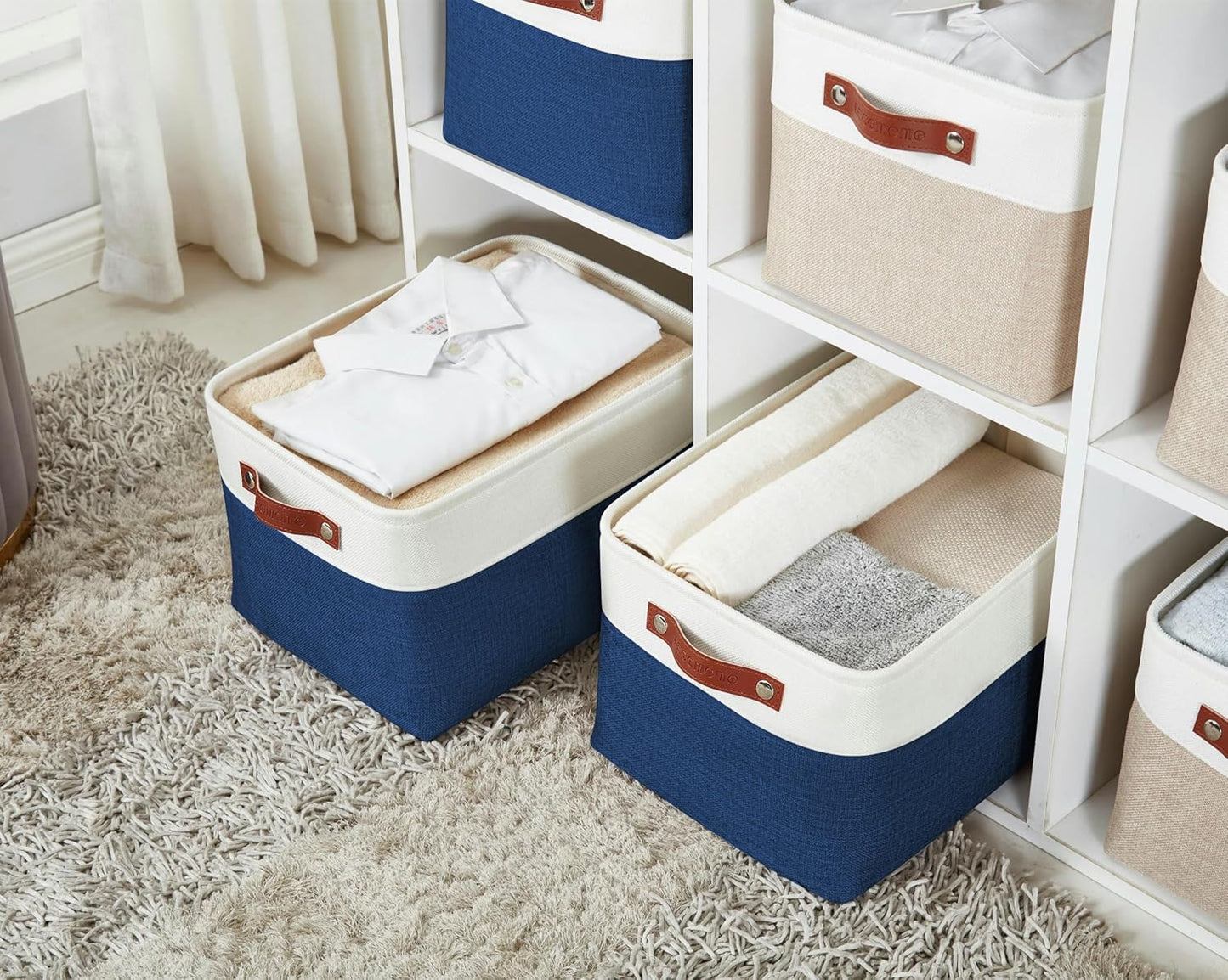 DECOMOMO Storage Baskets for Shelves - Fabric Storage Bins, Linen Closet Organizers and Storage (Navy Blue & White, XL - 3 Pack)