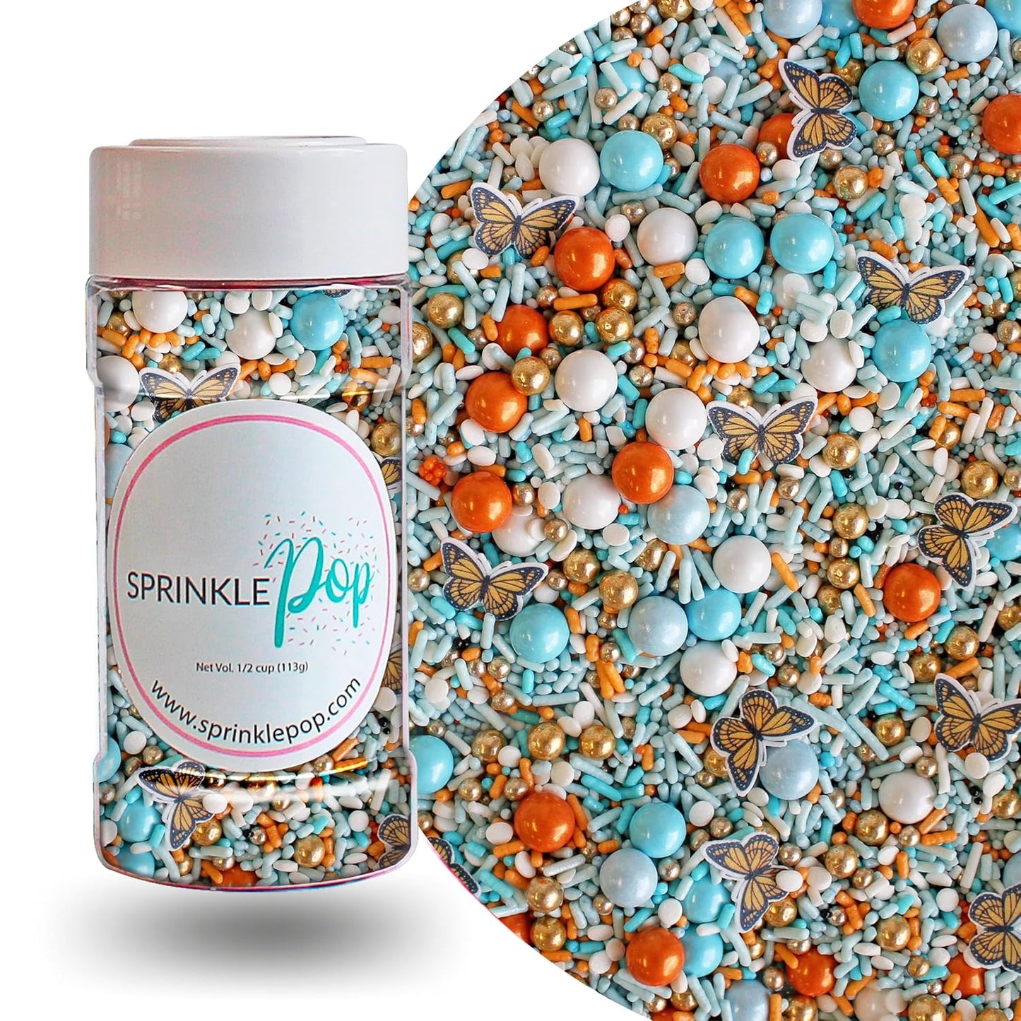 Sprinkle Pop Monarch Butterfly Sprinkle Mix| Blue Orange Sprinkles with ~20 Butterfly Wafer Paper and Gold Dragees| Decorating Sprinkles Made In USA for Mother’s Day Cupcakes Cakes Cookies Donuts, 4oz