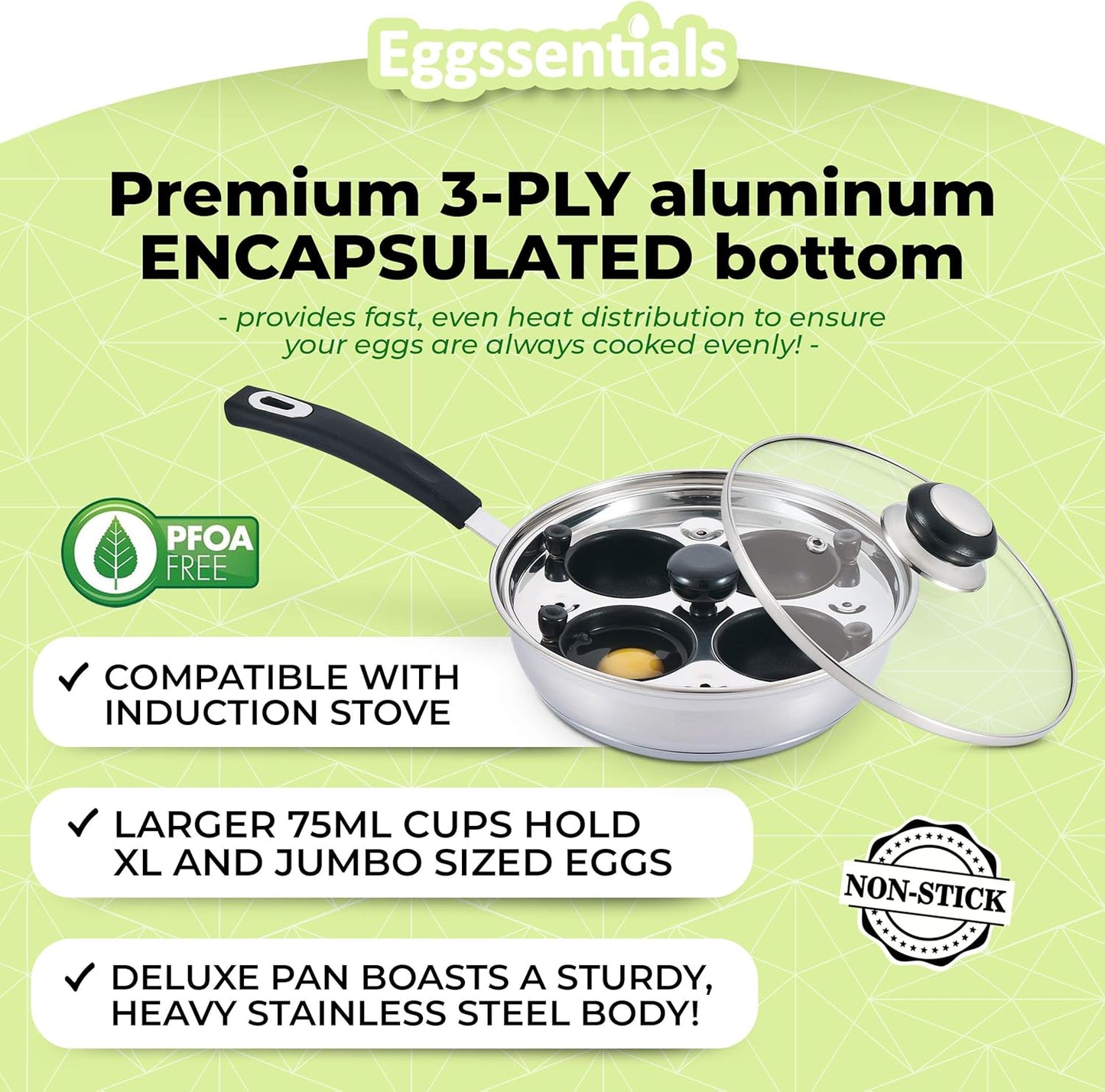 Eggssentials Egg Poacher Pan Nonstick Poached Egg Maker, Stainless Steel Egg Poaching Pan, Poached Eggs Cooker Food Grade Safe PFOA Free with Spatula