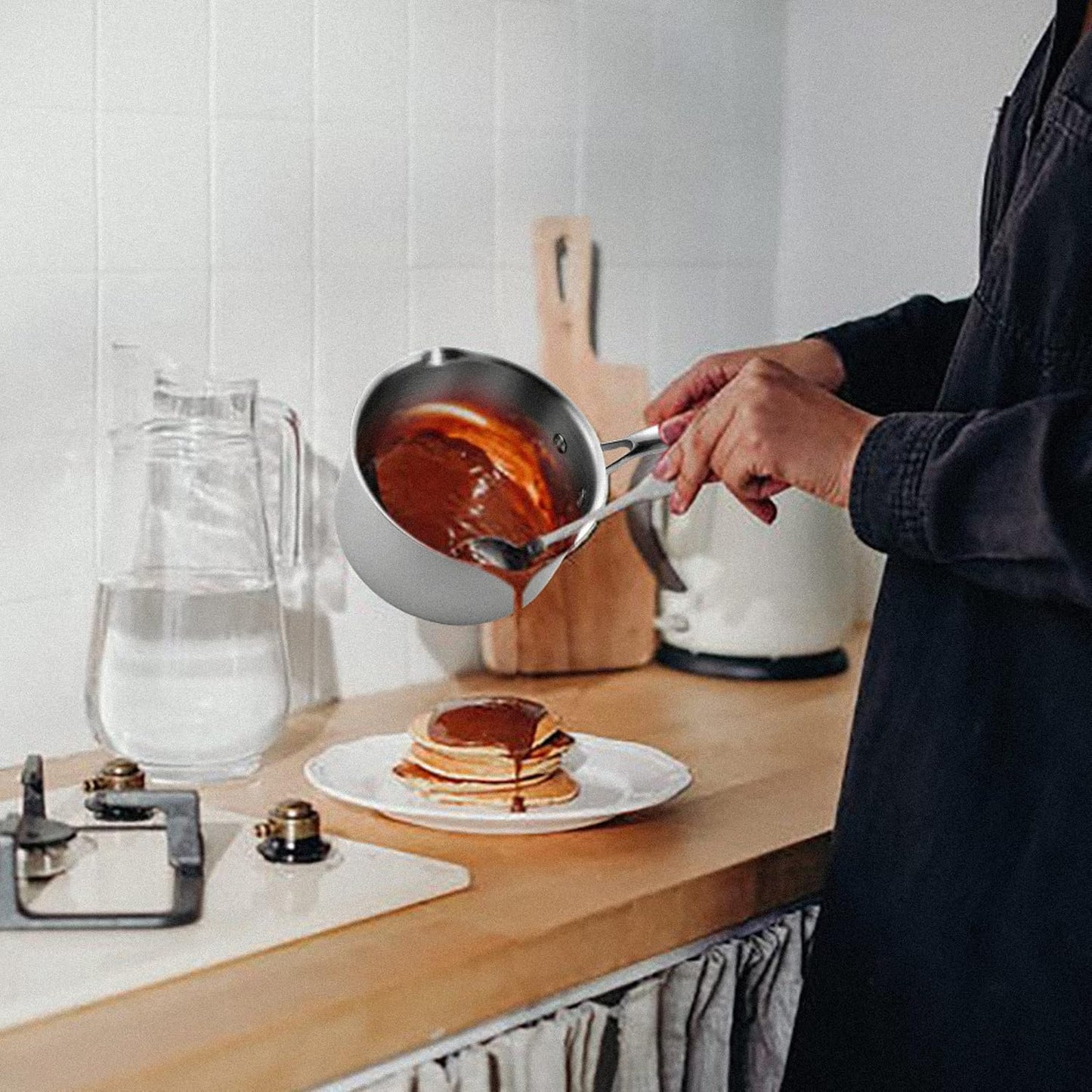 2.0 Quart Stainless Steel Pot Saucepan with Glass Strainer Lid, Sauce Pot with Two Side Spouts, Induction Cooking Pot, Multipurpose Sauce Pan with Lid for Cooking