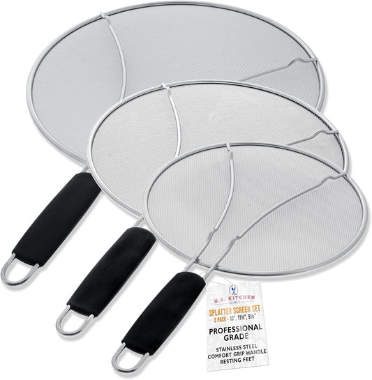 U.S. Kitchen Supply 3-Piece Stainless Steel Splatter Guard Set (13", 11.5", 9.5") Fine Mesh Cover, Grease & Oil, Splatter Screen for Frying Pan, Cooking Pots, with Resting Feet & Comfort Grip Handles