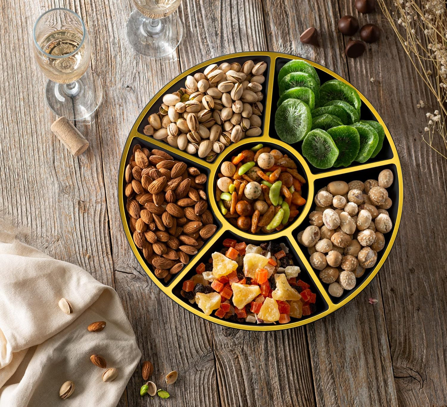 Plasticpro 6 Sectional Round Plastic Serving Tray/Platters Black & Gold Pack of 8