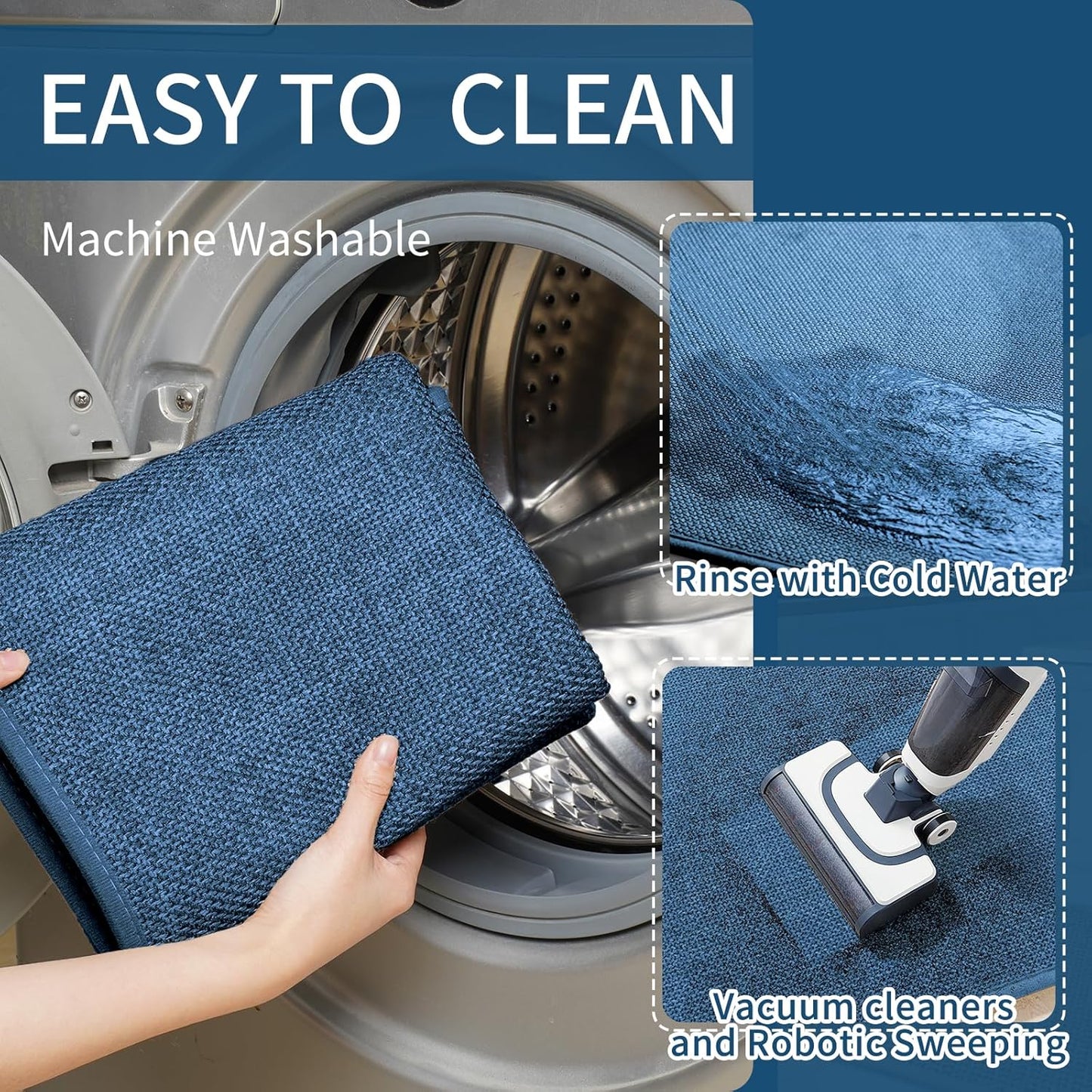 Kitchen Mats for Floor, Super Absorbent Kitchen Rugs Non Slip Washable, Soft Imitation Linen Braided Kitchen Runner Rug, Standing Mat Kitchens Sink Mat, Easy to Clean, Blue 17x95