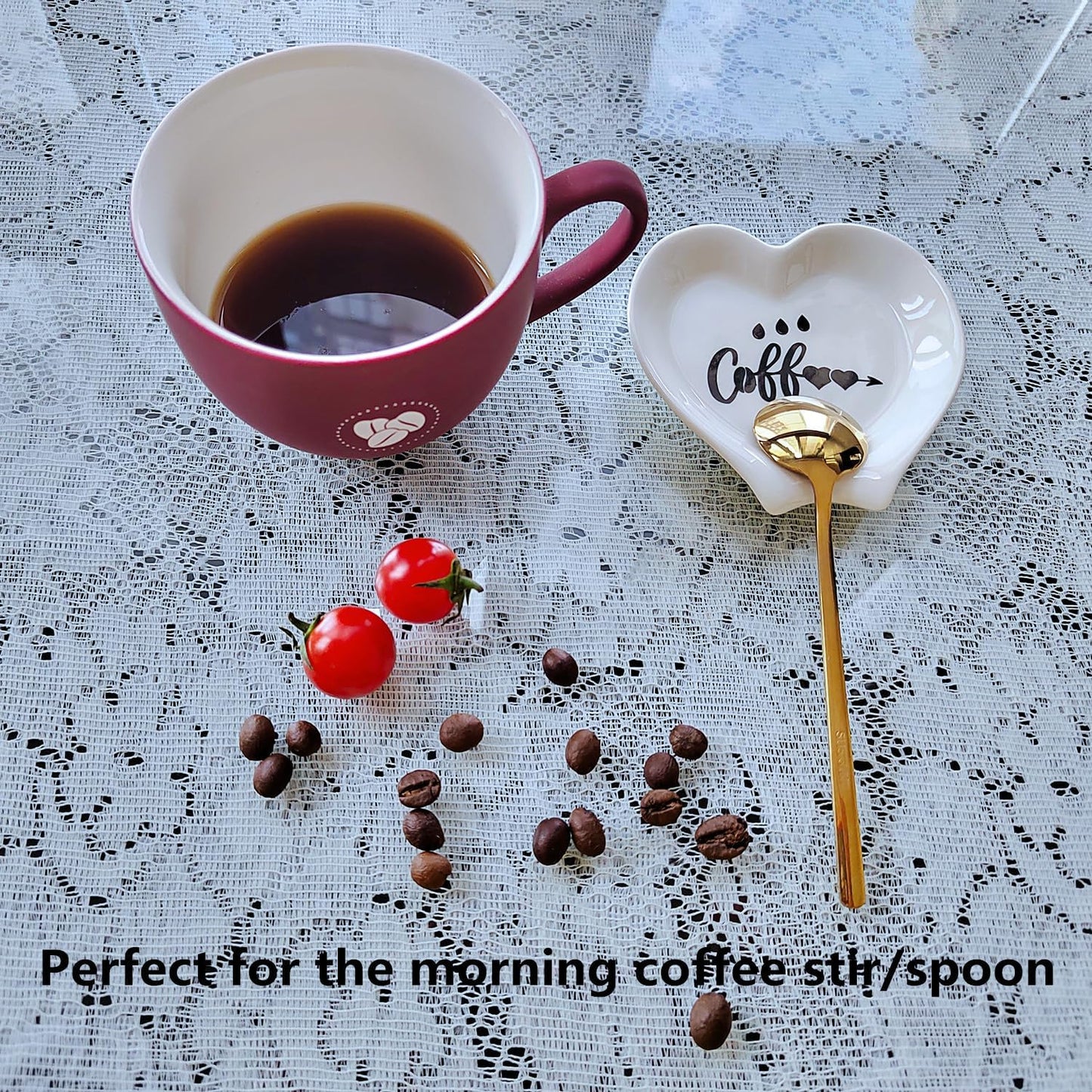 Heart-shaped Coffee Spoon Rest, Mini Coffee Spoon Holder, Coffee Stirrers, Teaspoon, Bar Spoon Rest, Coffee Bar Accessories (Ture white+Gold Spoon)