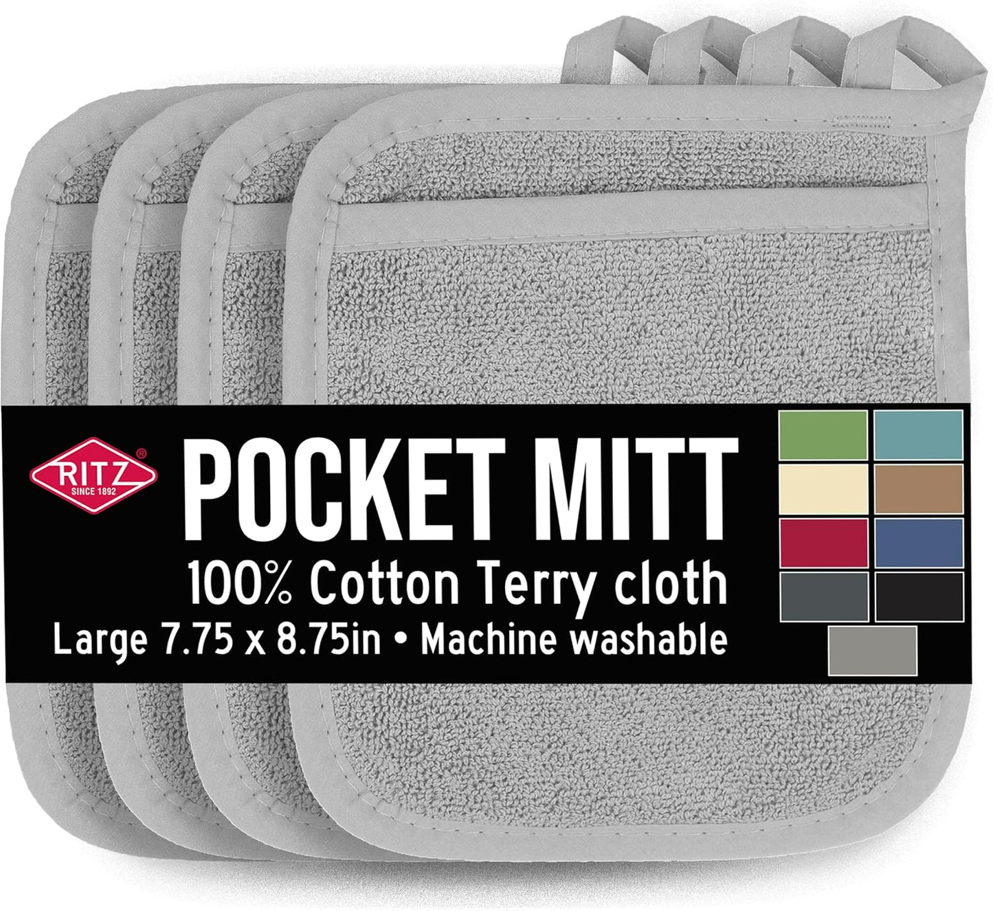 RITZ Terry Pocket Mitt & Hot Pad: Unparalleled Heat Resistant, Durable 100% Cotton,Ergonomically Designed for Optimal Grip, Easy-Care Machine Washable 4-Pack, Titanium Grey