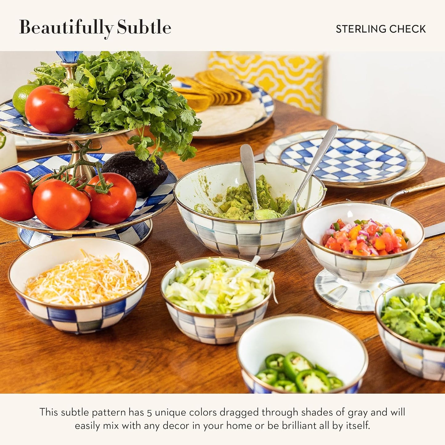 MACKENZIE-CHILDS Enamel Everyday Bowl, Serving Bowl for Entertaining, Extra-Large, Gray-and-White Sterling Check, Set of 1