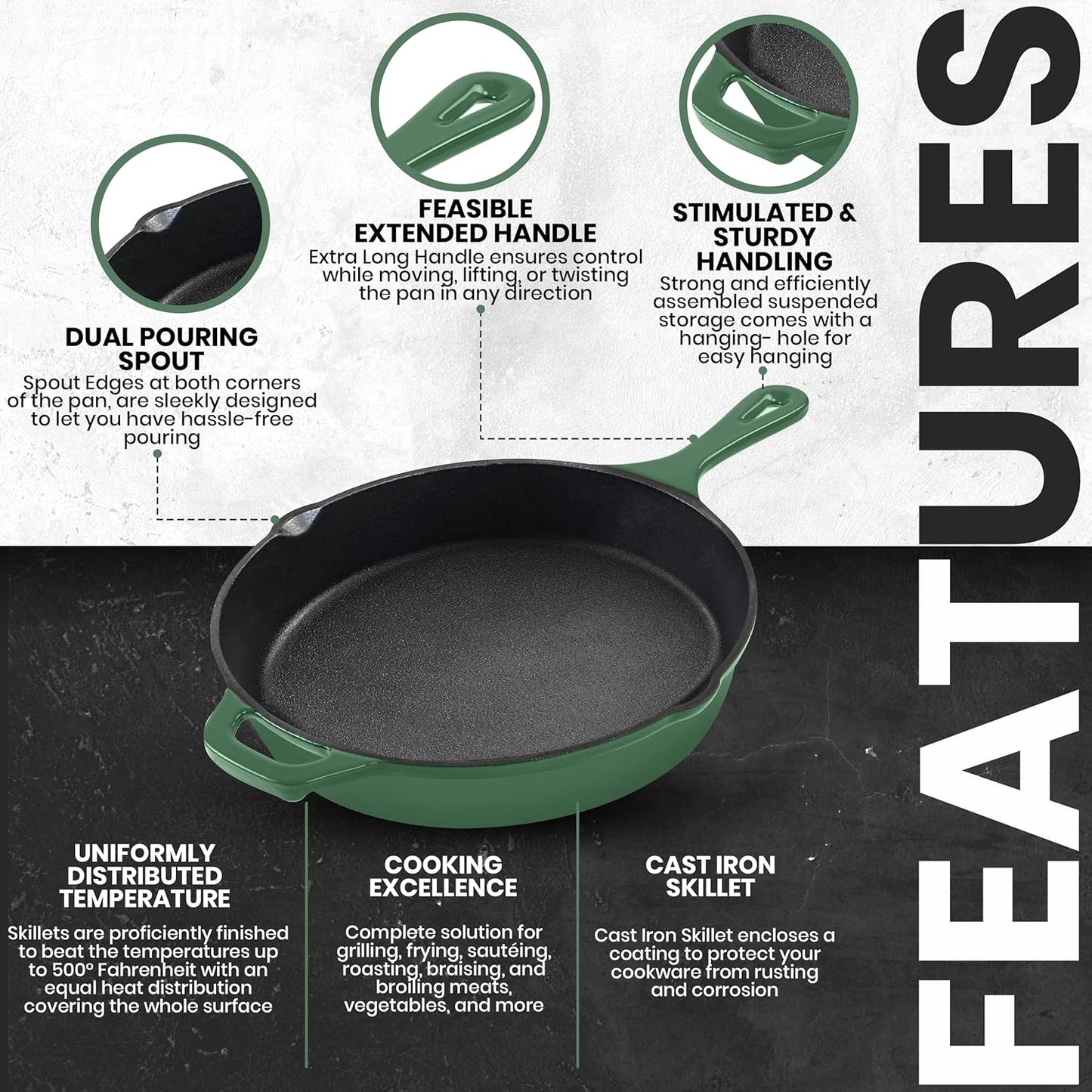 Utopia Kitchen Cast Iron Frying Pan 12.5 Inch, Cast Iron Chefs Pan, Pre Seasoned Skillet, Safe Grill Cookware for Indoor & Outdoor Use, Green