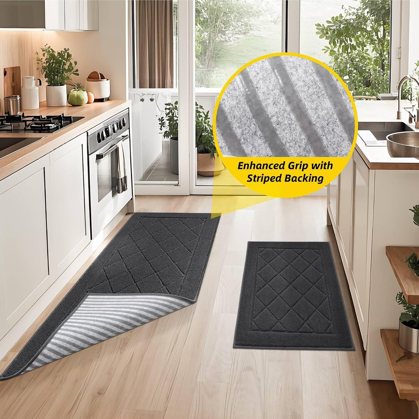JSEI Non-Slip Kitchen Rugs, Self Adhesive No Sliding Kitchen Mats Set of 2, Soft Washable Absorbent Floor Mat for Kitchen, Bathroom, Laundry Room, Bedroom, 20”x32”+20”x48”, Dark Grey, Diamond Pattern