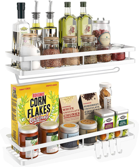 Spice Rack Organizer Wall Mount - 15.7in 2Pack [Upgraded Version] Hanging Seasoning Organizer Shelf with Paper Towel Holder, Storage for Cabinet or Wall Mounted with 4 Strong Hooks (Rice white)