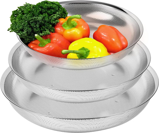 Premium 18/8 304 Stainless Steel Large Colander Set of 3, Comfortable Micro-Perforated Shallow Strainers, 5.5-7-10 Quart Tray Set, Self-Draining Solid Base for Pasta, Fruits, Vegetables