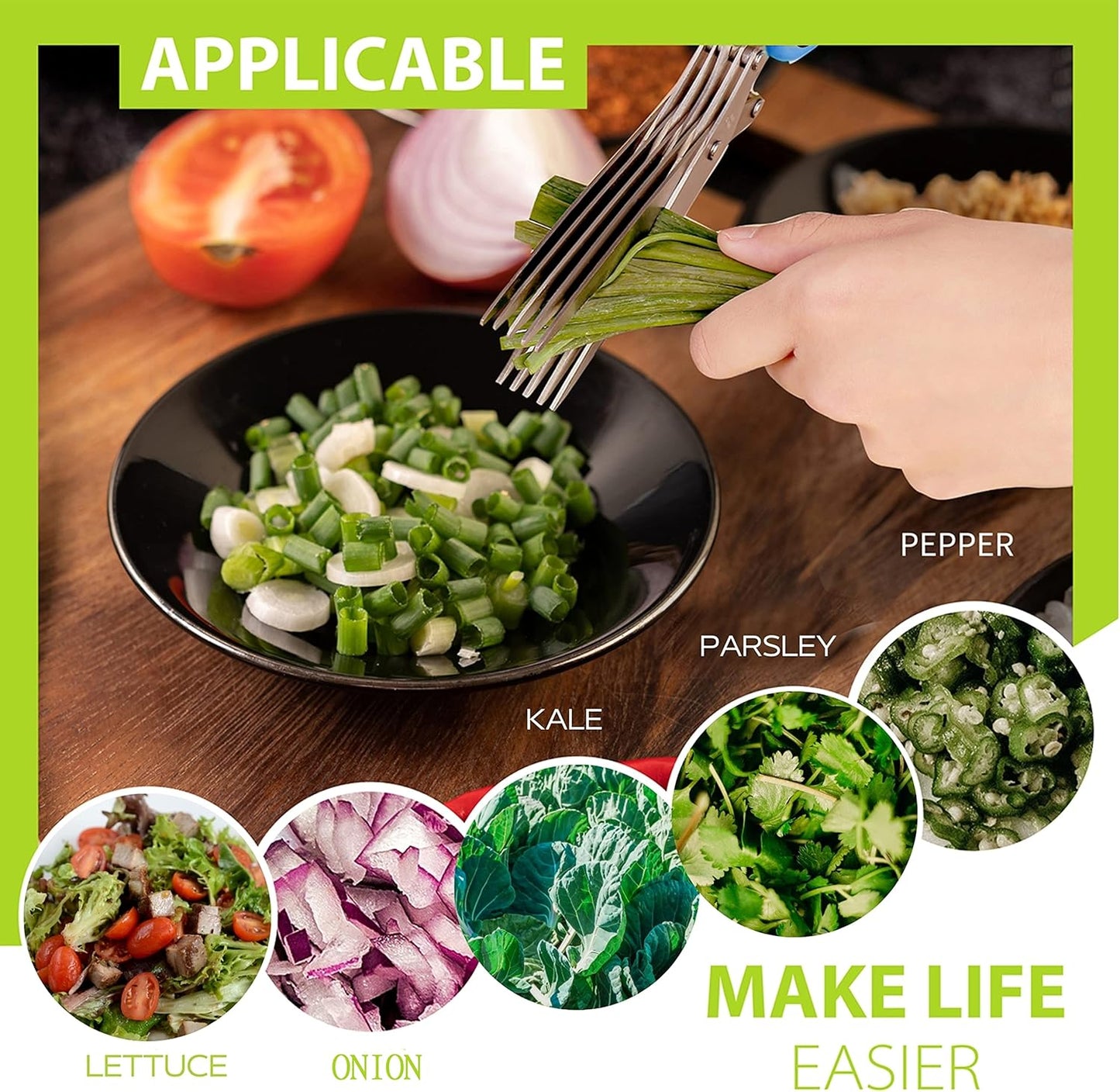 Herb Scissors with 5 Blades & Cleaning Kit, Stainless Steel Kitchen Shears for Herbs, Lettuce, Cilantro, Dishwasher Safe, Soft-Grip Handle