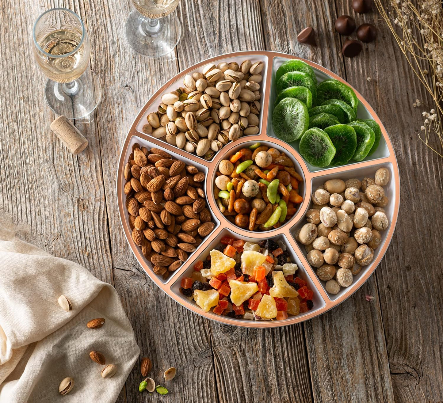 Plasticpro 6 Sectional Round Plastic Serving Tray/Platter (8, White & Rose Gold)