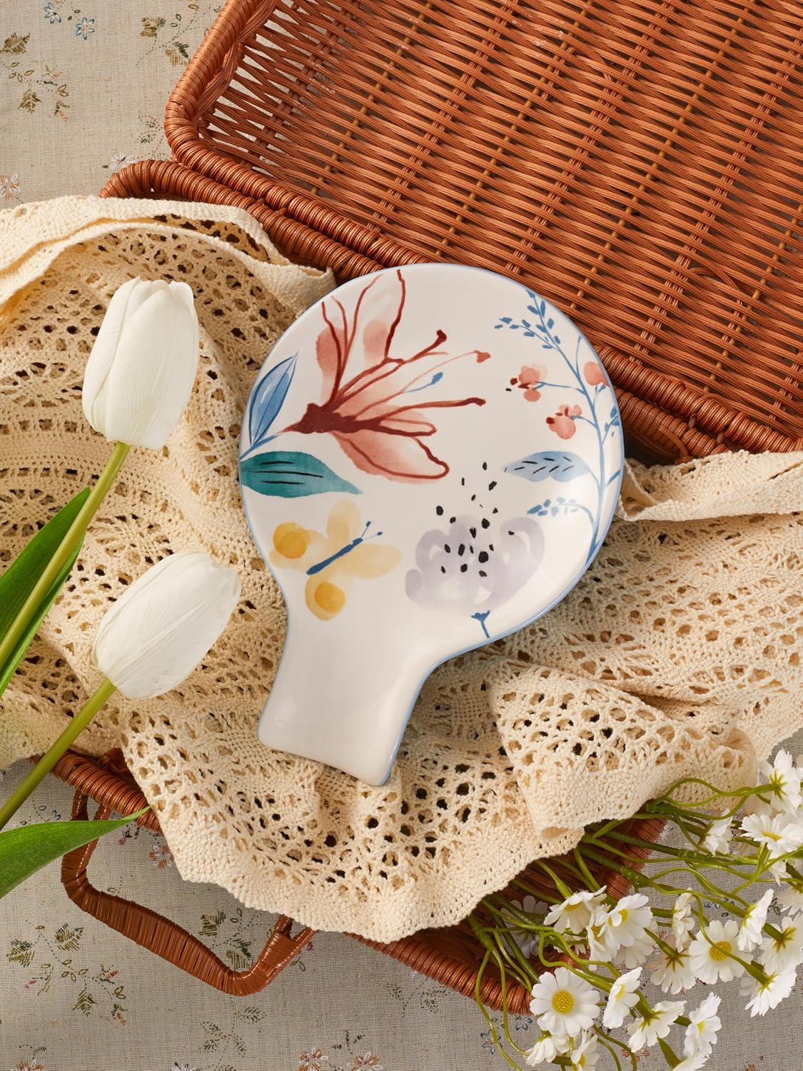 Bico Blossom Symphony Spoon Rest for Stove Top, Ceramic Spoon Holder for Kitchen Counter, Easy to Clean Coffee Spoon Rest Dishwasher Safe, Kitchen Cooking Utensil Rest for Ladles Spatula