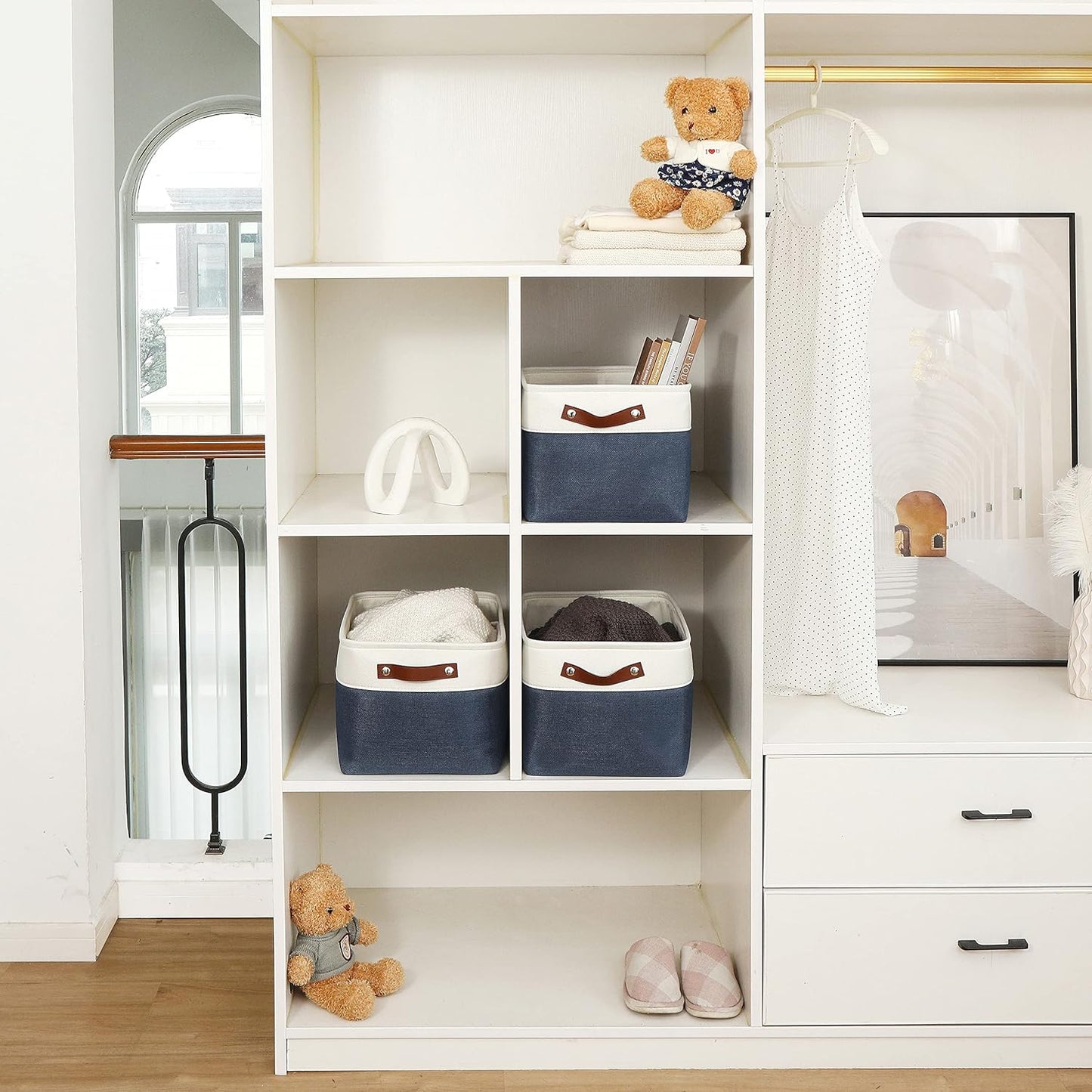 OrganiHaus Large Fabric Storage Baskets for Shelves 3 Pack, 15x11in Closet Storage Bins for Shelves, Cloth Baskets for Organizing, Linen Closet Organizers, Fabric Basket - Navy Blue/White