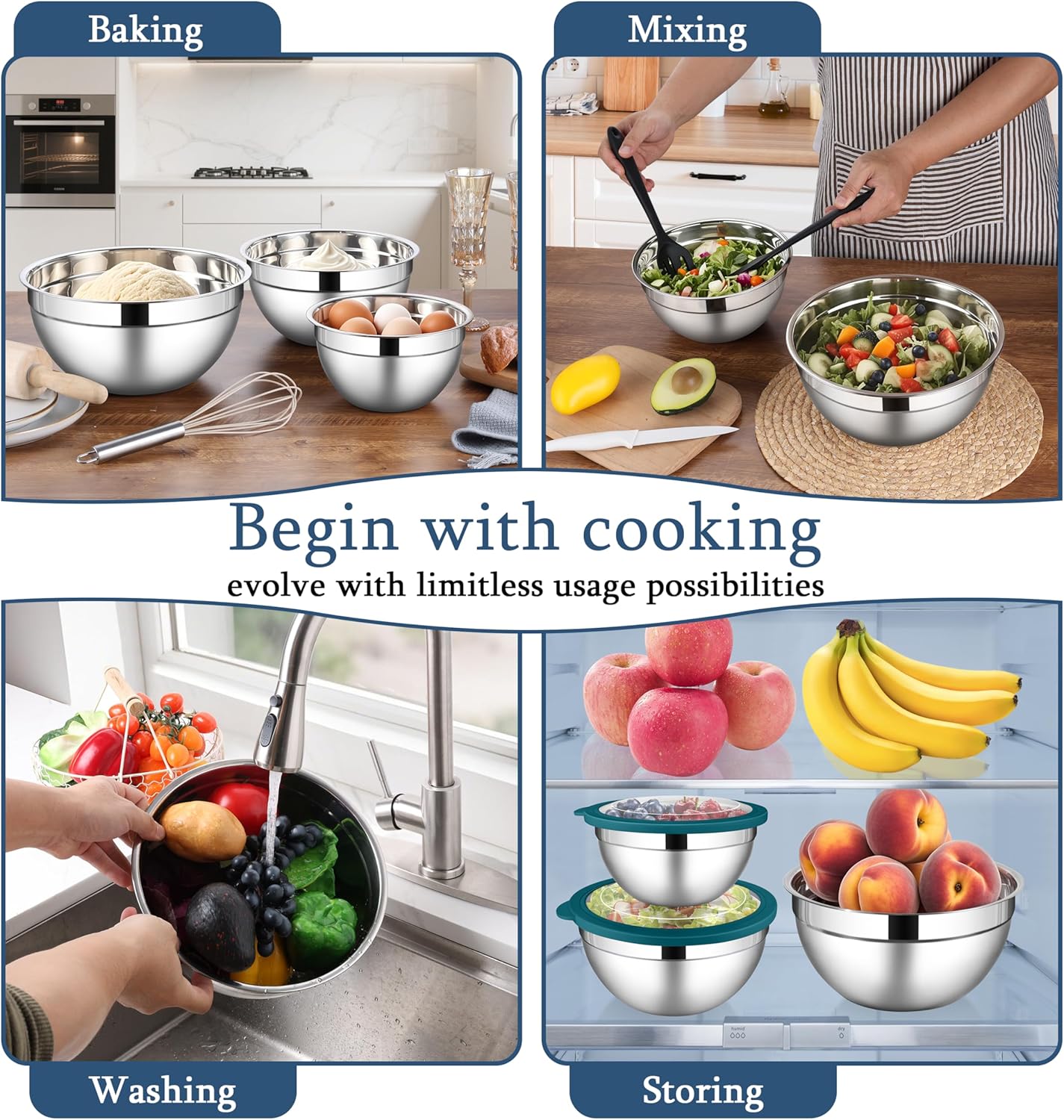 LIANYU Stainless Steel Metal Mixing Bowls, 3 Packs Deep Nesting Mixing Bowls Set for Baking Cooking and Prepping, 4.6 & 3 & 1.5QT Large and Small Size, Include Visible & Airtight Lid, Blue