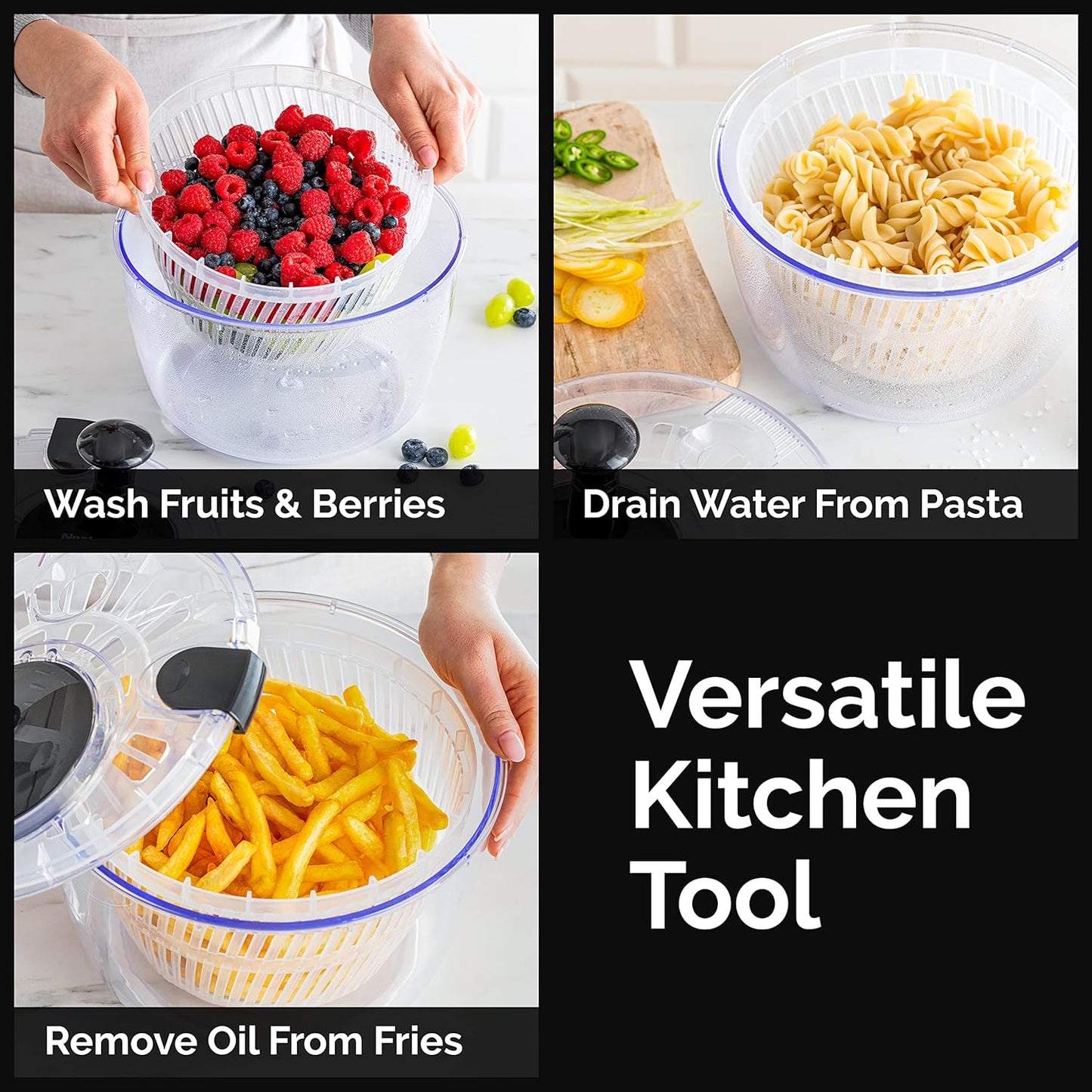 Joined Salad Spinner with Storage Lid, Drain, Bowl, and Colander - Quick and Easy Multi-Use Lettuce Spinner, Vegetable Dryer, Fruit Washer, Pasta and Fries Spinner - 3.7 Qt