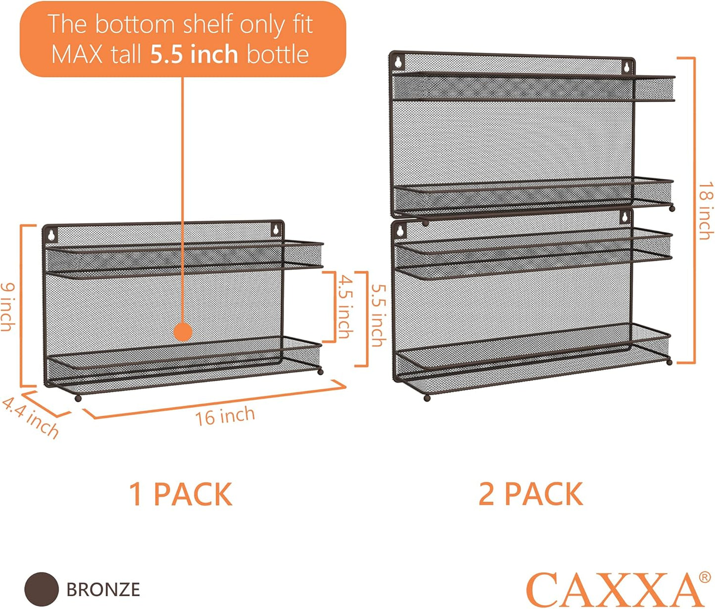 CAXXA 2 PK 2 Tier Mesh Kitchen Counter-top or Wall Mount Spice Rack Jars Storage Organizer, Bronze