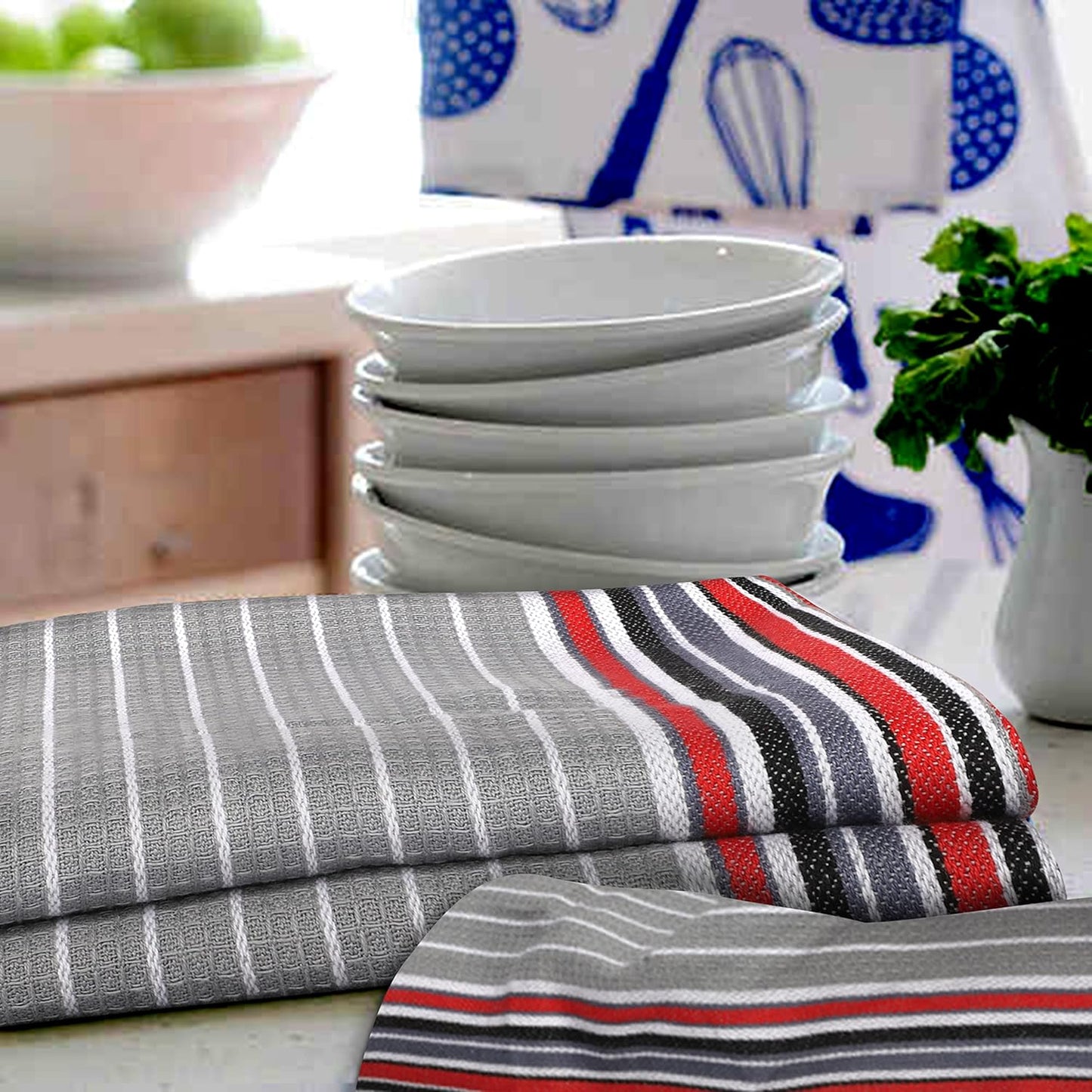 Urban Villa Kitchen Towels Waffle Stripes Dish Towels for Kitchen Grey Color Set of 6 Kitchen Towels Highly Absorbent Cotton Over Sized 20X30 in with Mitered Corners Kitchen Hand Tea Towels