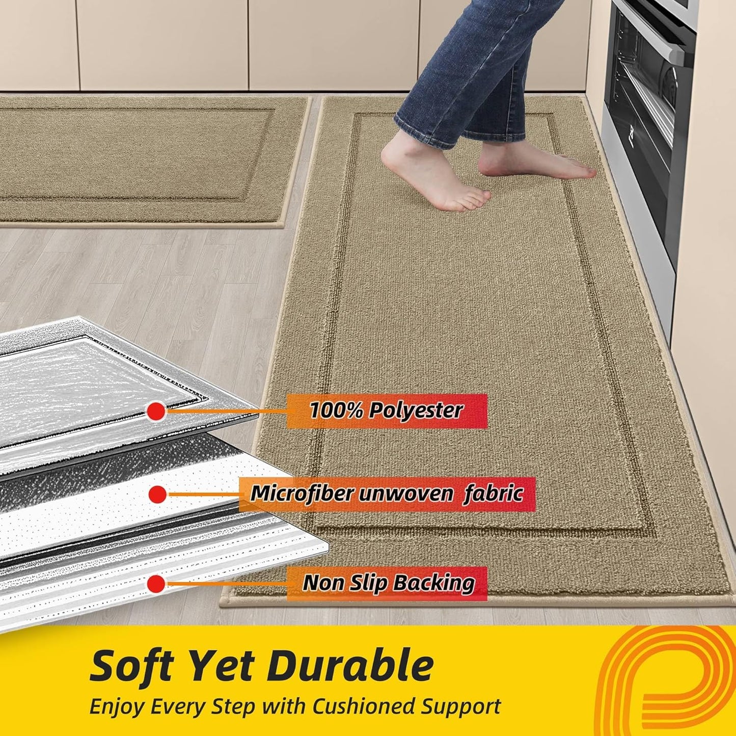 JSEI Non-Slip Kitchen Mats, Self Adhesive No Sliding Kitchen Rugs Set of 2, Washable Absorbent Floor Mat for Kitchen, Bathroom, Laundry Room, Bedroom, 24”x36”+24”x60”, Beige, Rectangular Pattern