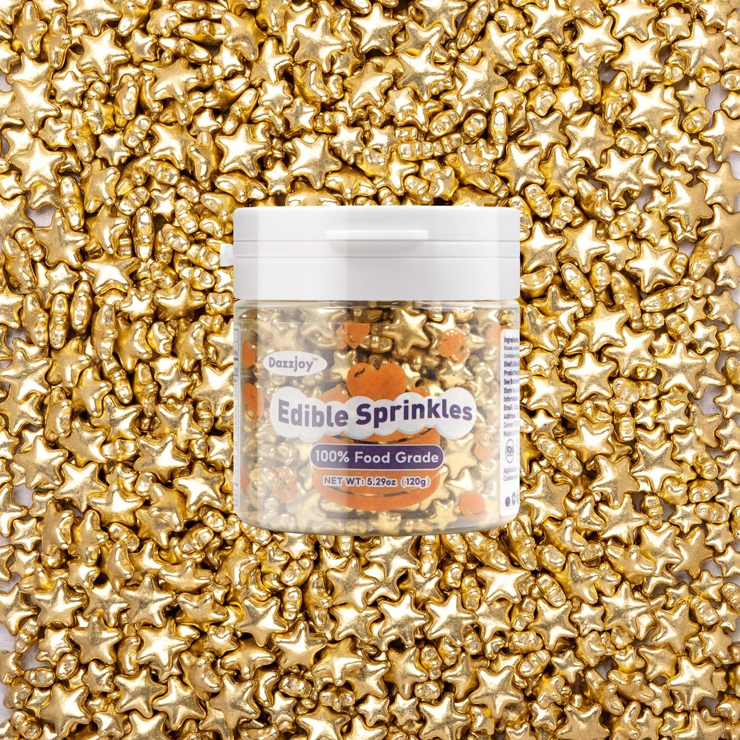 Dazzjoy Edible Gold Sprinkles, Star Sugar Candy Sprinkles for Cupcake Decorating, Food Grade, 4.23oz, Mix Size, Cupcake Toppers, Cake Decorations, Wedding Party Supplies