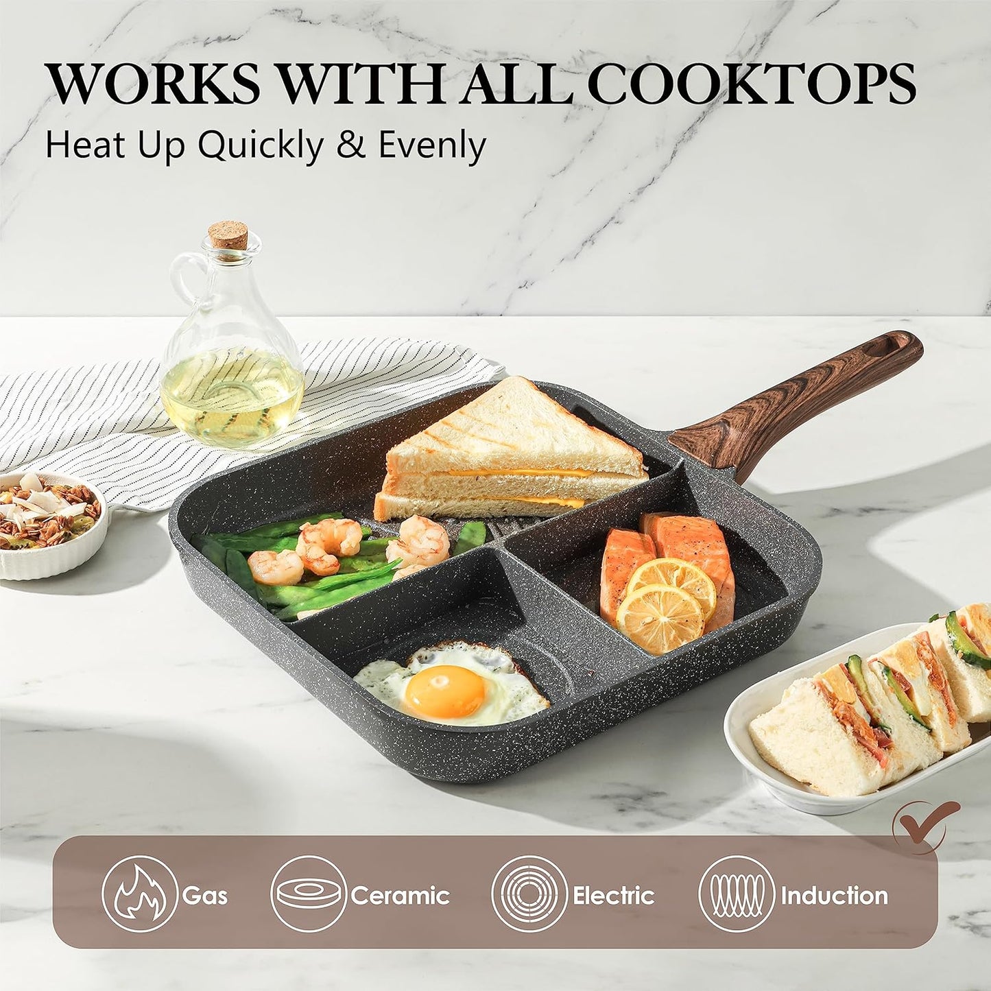 SENSARTE Nonstick Divided Grill Pan for Stove Tops, 3-Section Versatile Breakfast Grilling Pan, Durable Square Grill Skillet, Steak Griddle Pan, PFOA, PFOS, APEO Free, Induction Compatible, 9.5 Inch