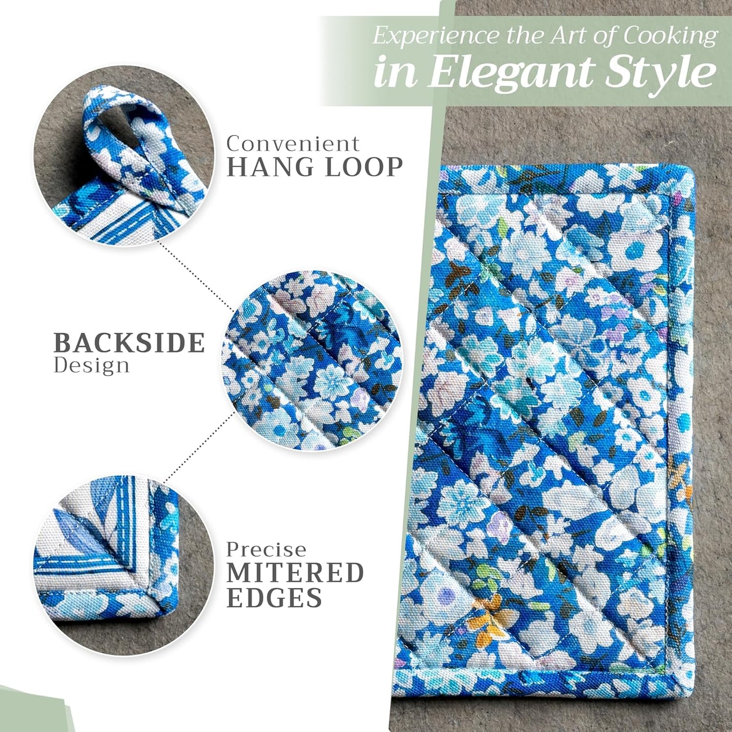 Maison d' Hermine Pot Holders Set 100% Cotton Heat Resistant Potholders 8" x 8" Hot Pads with Loop BBQ, Cooking, Baking, Grilling, Kitchen, Handling Hot Pans Spring/Summer (Pack of 2, Summer Blues)