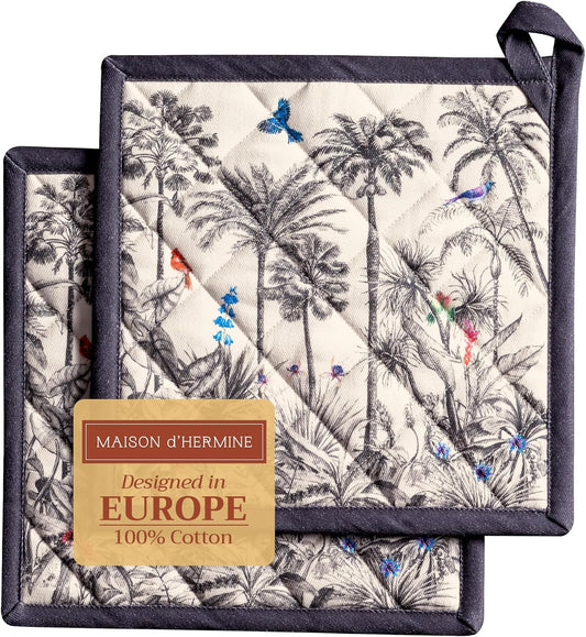 Maison d' Hermine Pot Holders Set 100% Cotton Heat Resistant Potholders 8" x 8" Hot Pads with Loop BBQ, Cooking, Baking, Grilling, Kitchen, Handling Hot Pans (Pack of 2, Amazonia)