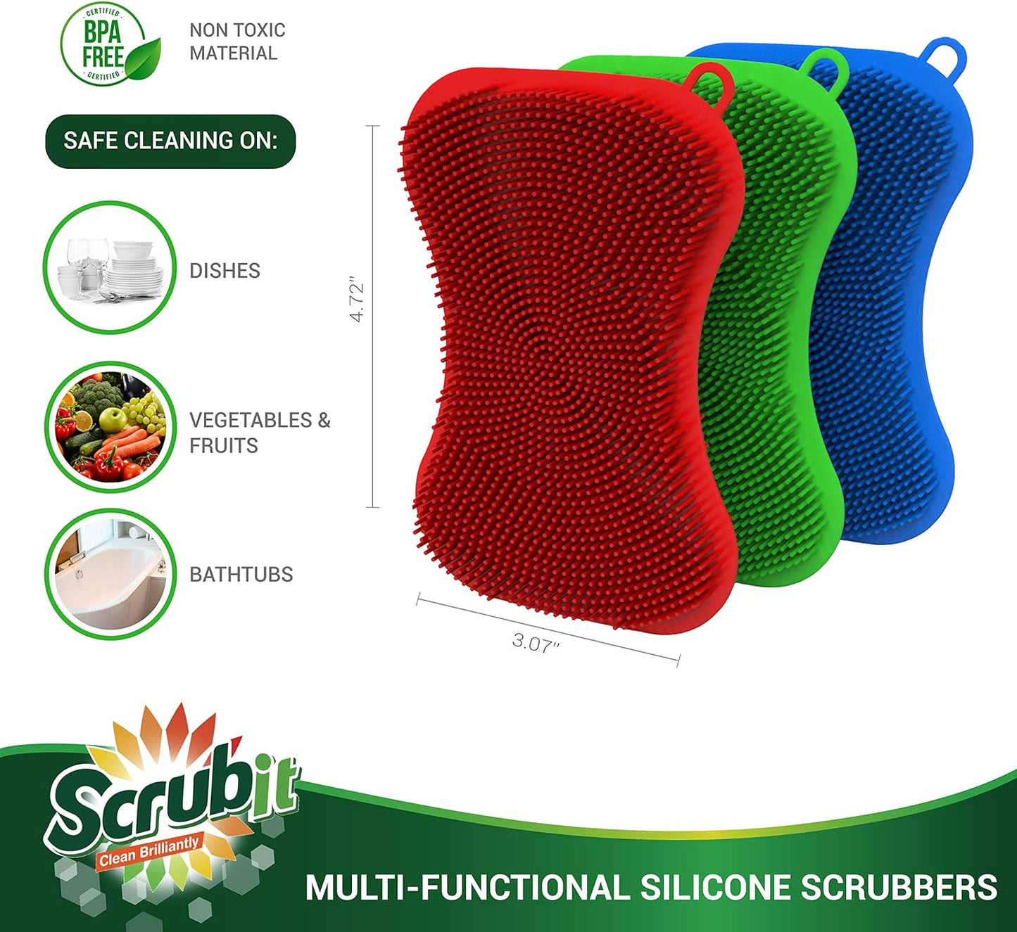 Silicone Scrubbing Pad Sponges by SCRUBIT - Real Silicon Non Scratch Kitchen Scrubber - Non Smell Cleaning Sponges for Kitchen Dishes - Reusable Soft Dish Sponge - Blue Red Green Pads (3 Pack)