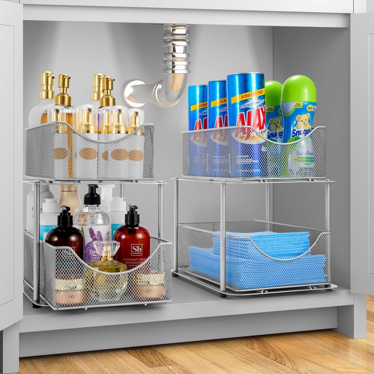 Sorbus 2 Sets of 2 Tier Metal Under Sink Organizer for Bathroom, Kitchen, Strong Steel Mesh Sliding Drawers for Under Sink, Under Cabinet, Closet, Kitchen, Pantry, Bathroom Organizers and Storage