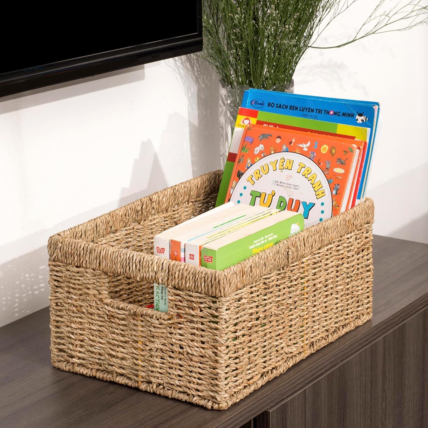 CENBOSS Wicker Baskets (Large, Seagrass, 1PC) Rattan Storage Baskets for Shelves, Woven Seagrass Holder