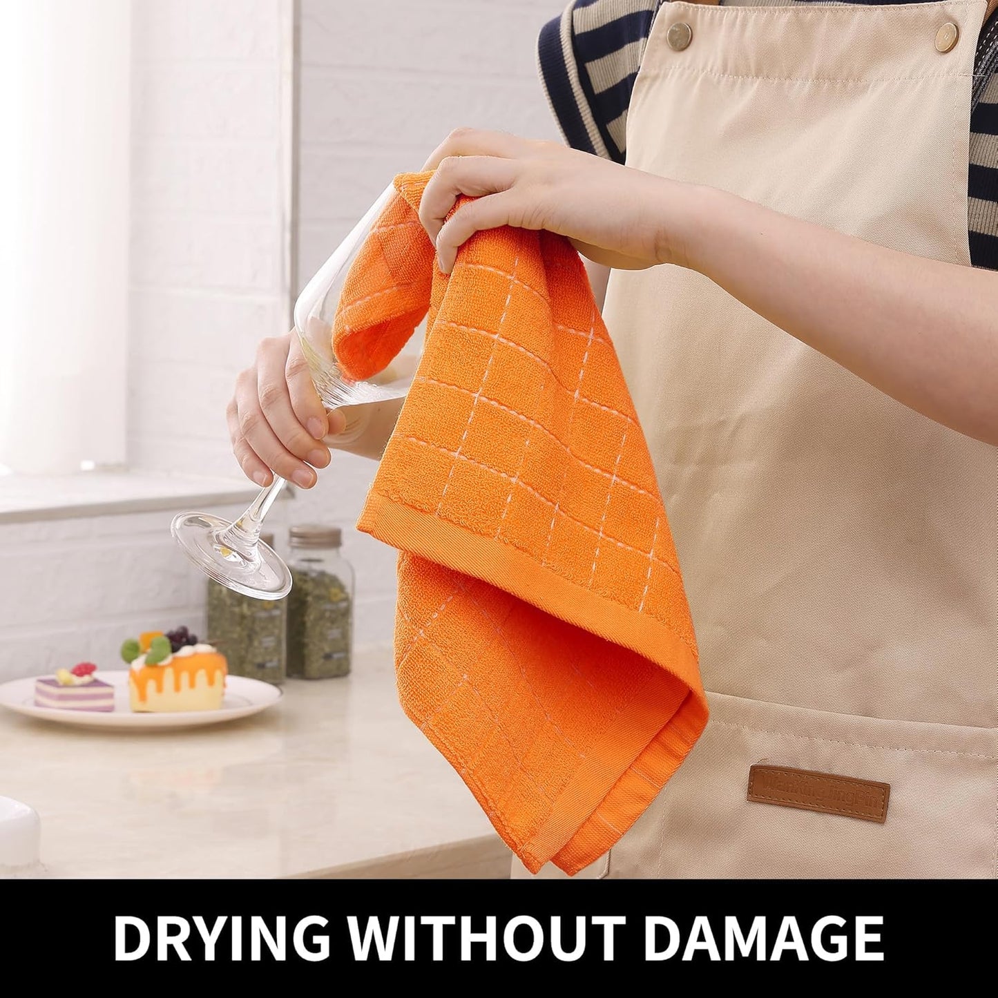 Homaxy 100% Cotton Terry Kitchen Towels(Orange, 13 x 28 inches), Checkered Designed, Soft and Super Absorbent Dish Towels, 6 Pack