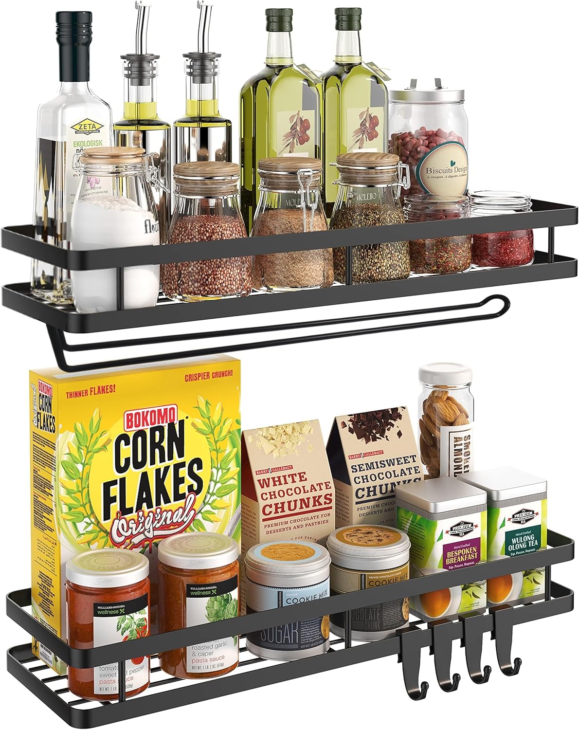 𝐒𝐩𝐢𝐜𝐞 𝐑𝐚𝐜𝐤 Organizer 𝐖𝐚𝐥𝐥 𝐌𝐨𝐮𝐧𝐭- 15.7in 2Pack [Upgraded Version] Hanging Seasoning Organizer Shelf with Paper Towel Holder, Storage for Cabinet or Wall Mounted with 4 Strong Hooks