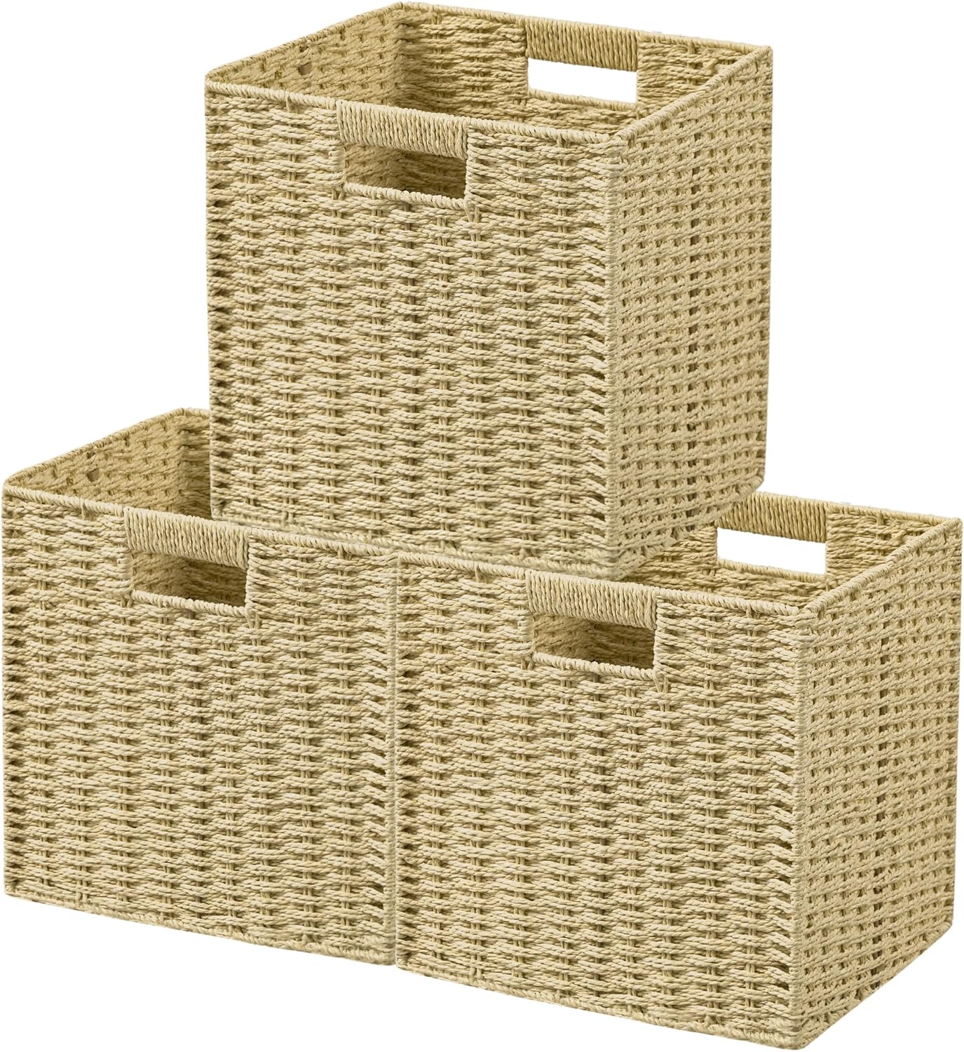 UBBCARE 3 Pack Wicker Basket, 11L×11H×10.5W inch Woven Paper Rope Storage Baskets for shelves, Foldable Cube Storage bin with Handle, Storage Basket for Organizing & Decor, Natural
