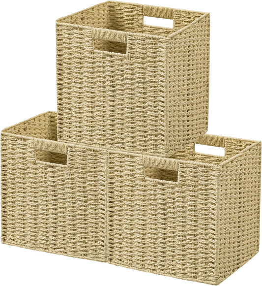 UBBCARE 3 Pack Wicker Basket, 11L×11H×10.5W inch Woven Paper Rope Storage Baskets for shelves, Foldable Cube Storage bin with Handle, Storage Basket for Organizing & Decor, Natural
