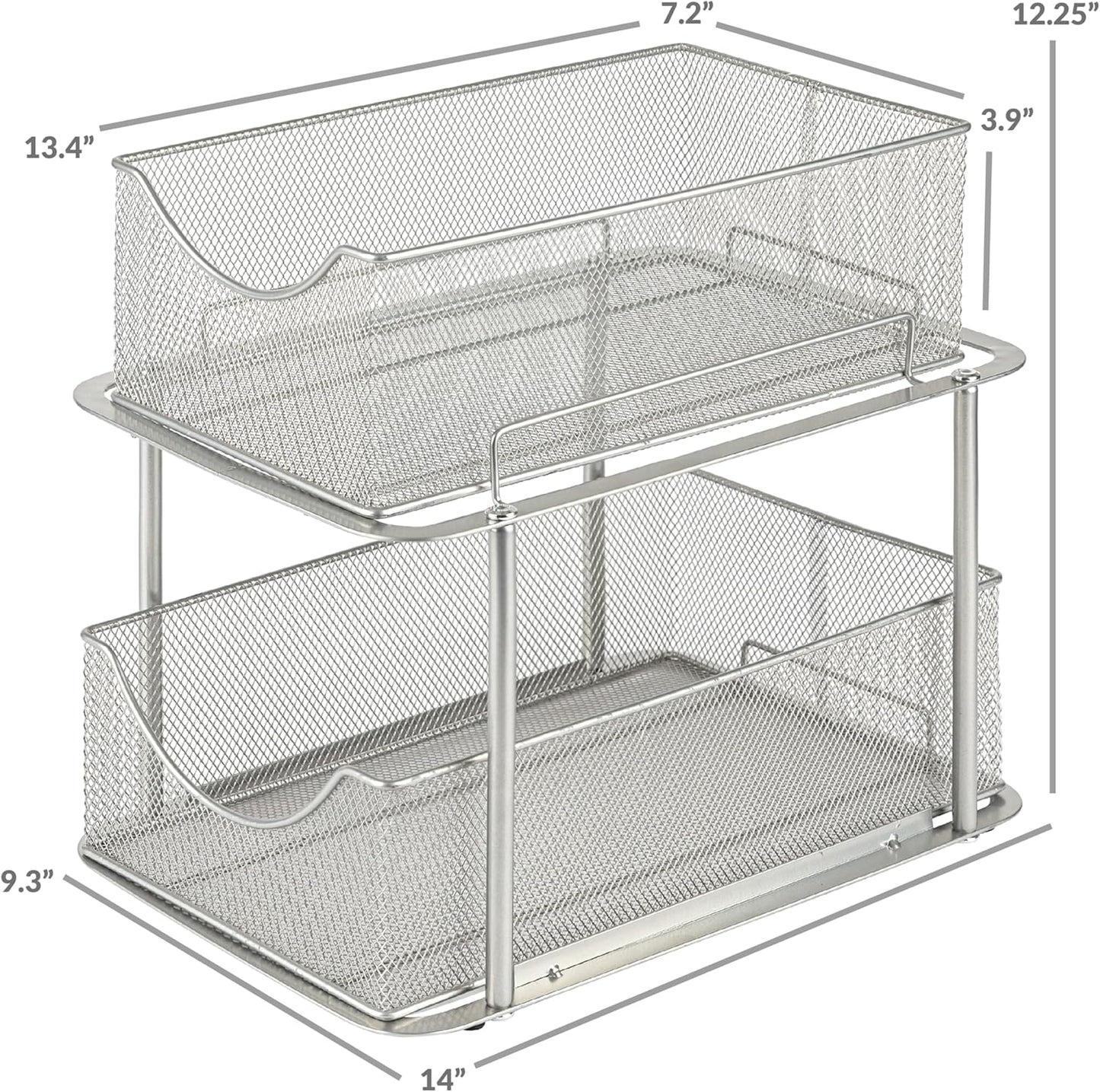 Sorbus 2 Tier Metal Under Sink Organizer for Bathroom, Kitchen, Strong Steel Mesh Sliding Drawers for Under Sink, Under Cabinet, Closet, Kitchen, Pantry, Bathroom Organizers and Storage (Silver)