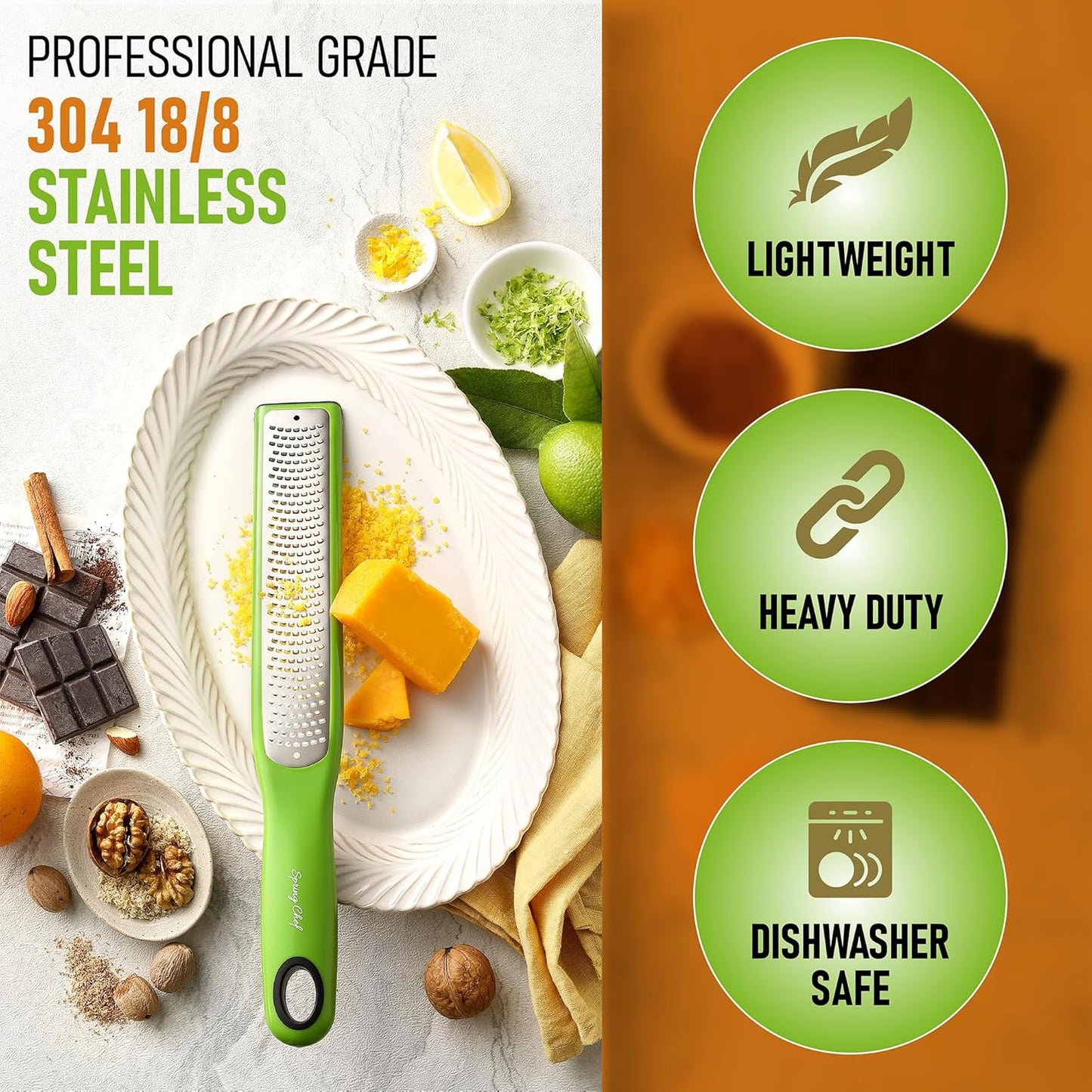 Spring Chef Premium Lemon Zester Grater with Handle - Orange, Garlic, Ginger, Nutmeg, Cheese Grater- Handheld Sharp Kitchen Tool - Stainless Steel Citrus Zester with Blade Cover - Fine Shred, Green