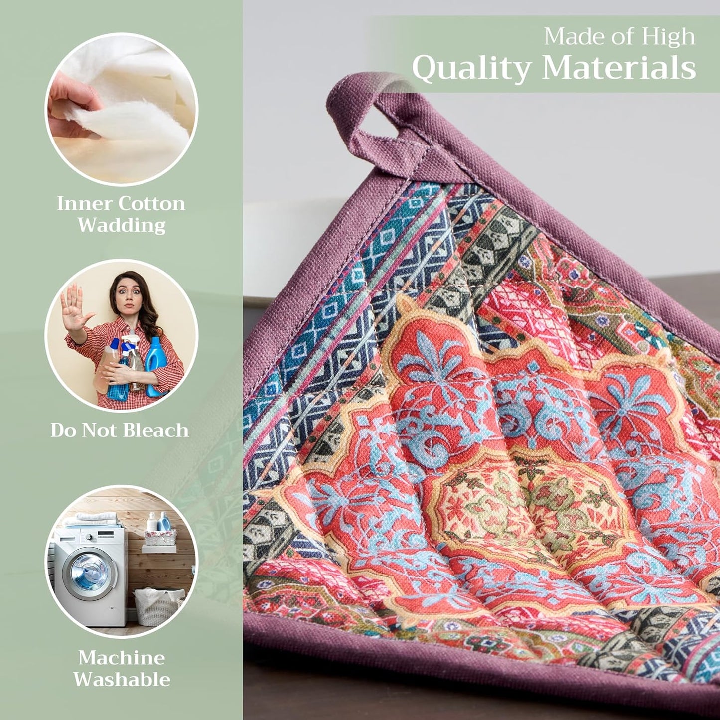 Maison d' Hermine Pot Holders 100% Cotton Heat Resistant Potholders 8" x 8" Hot Pads with Loop BBQ, Cooking, Baking, Grilling, Kitchen, Handling Hot Pans (Pack of 1, Ispahan)