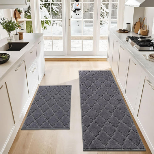 COSY HOMEER Soft Kitchen Rugs [2 PCS] for in Front of Sink Super Absorbent Kitchen Floor Mats and Mats 24x35 Inch/24X60 Non-Skid Kitchen Mat Standing Mat Washable,Polyester,Dark Grey