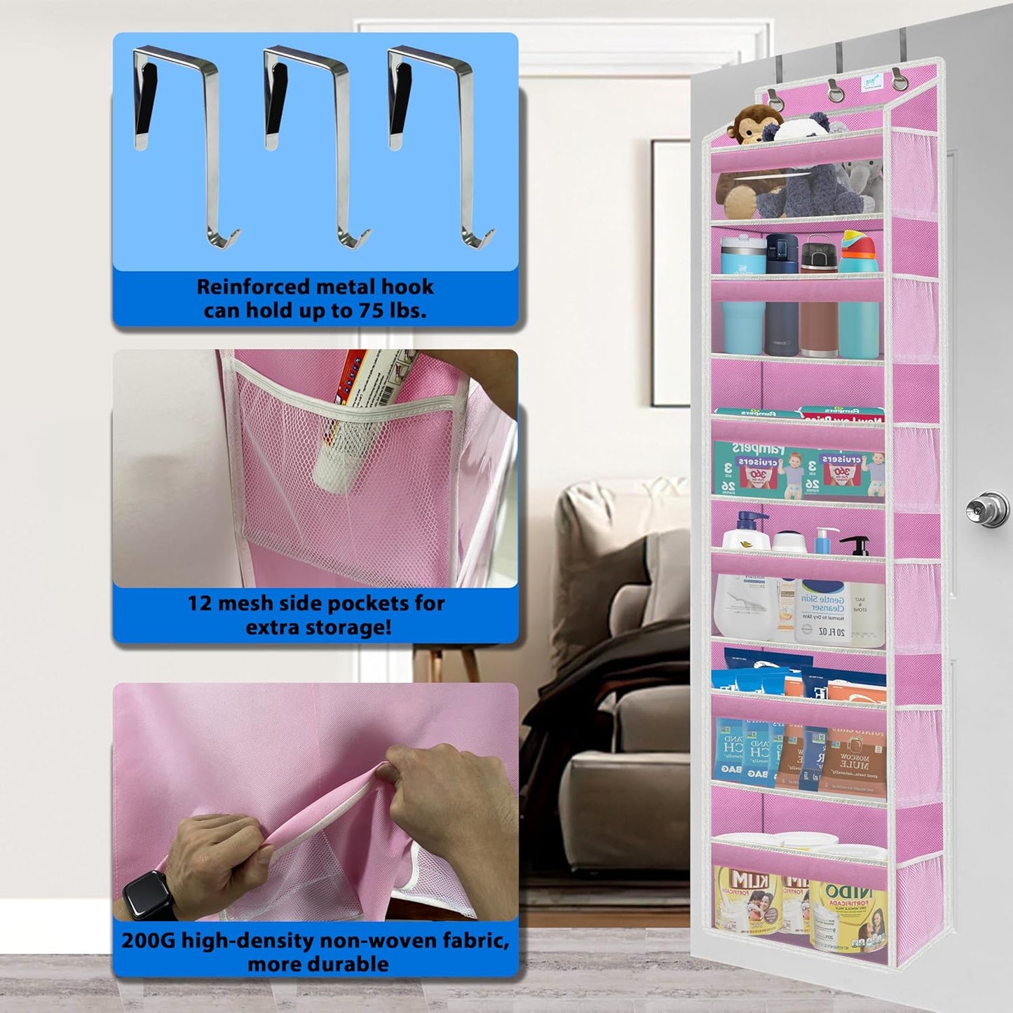 over the door organizer, Solid Bamboo Board (Not Plastic!) 6-Tier Heavy Duty 75LB, 12 Side Pockets, 3 Reinforced Hooks & Anti-Slip Pads, Waterproof & Washable, No Sagging, No Door Damage,Pink