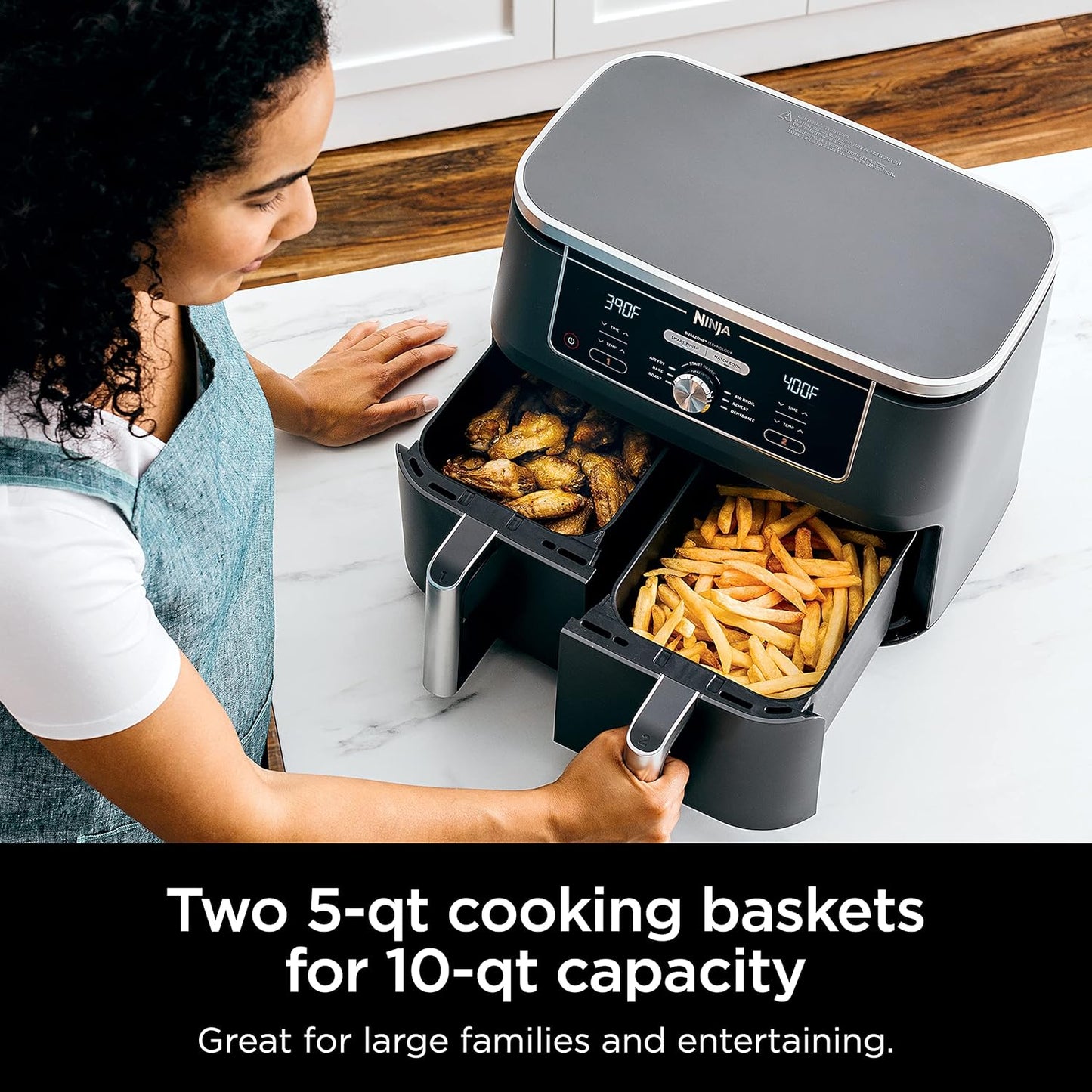 Ninja DZ401 Foodi 10 Quart 6-in-1 DualZone XL 2-Basket Air Fryer with 2 Independent Frying Baskets, Match Cook & Smart Finish to Roast, Broil, Dehydrate for Quick, Easy Family-Sized Meals, Grey