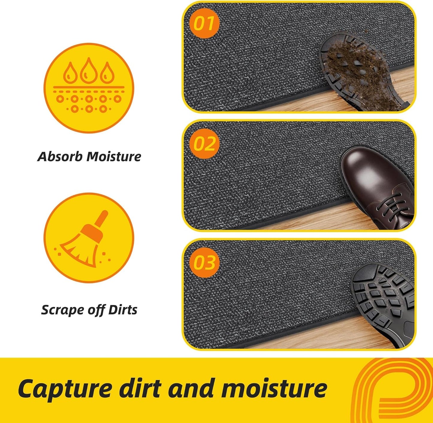 JSEI Dirt Trapper Door Mat 24"x60" Non-Slip Washable Entrance Mat, Dog Doormats, Absorbent & Fade-Resistant Floor Mats, Low Profile Welcome Mats for Entryway, Front Door, and Inside Entrance,Dark Grey