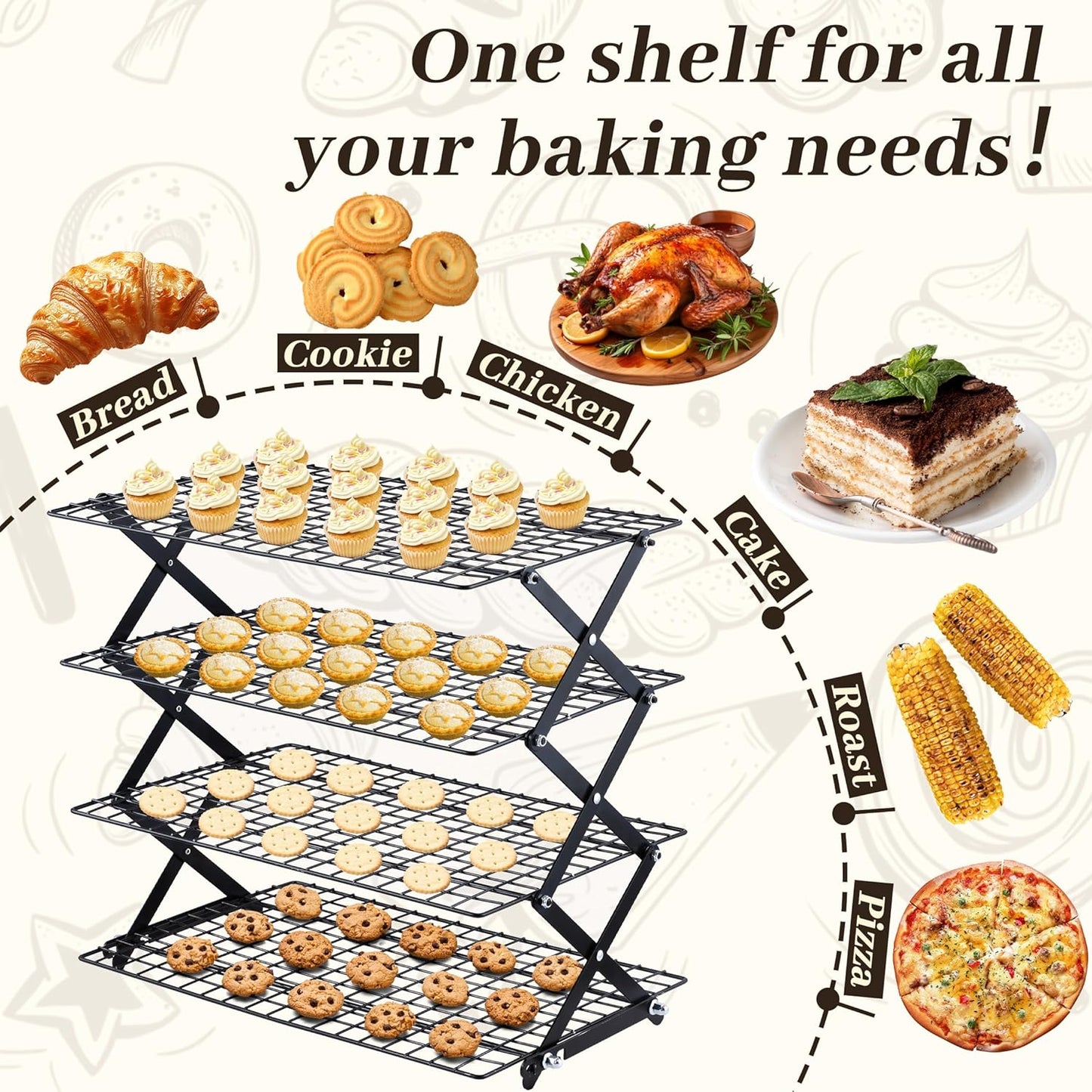 Pleafind 4 Tier Collapsible Cooling Rack - 3 Setting Design, Adjustable ＆ Stackable Baking Rack, 5 Modes Cooling Racks for Cooking and Baking, Roasting ＆ Grilling Gifts for Picnic Party