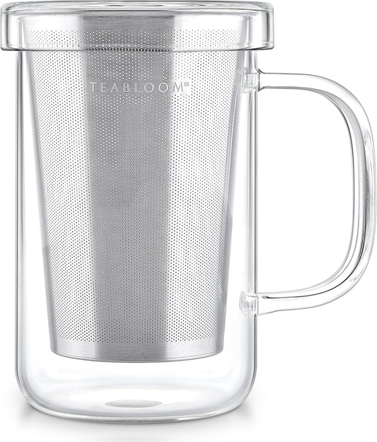 Teabloom Premium Borosilicate Glass Mug with Stainless Steel Loose Leaf Tea Infuser and Lid/Dish - 12 Ounces (350 mL)