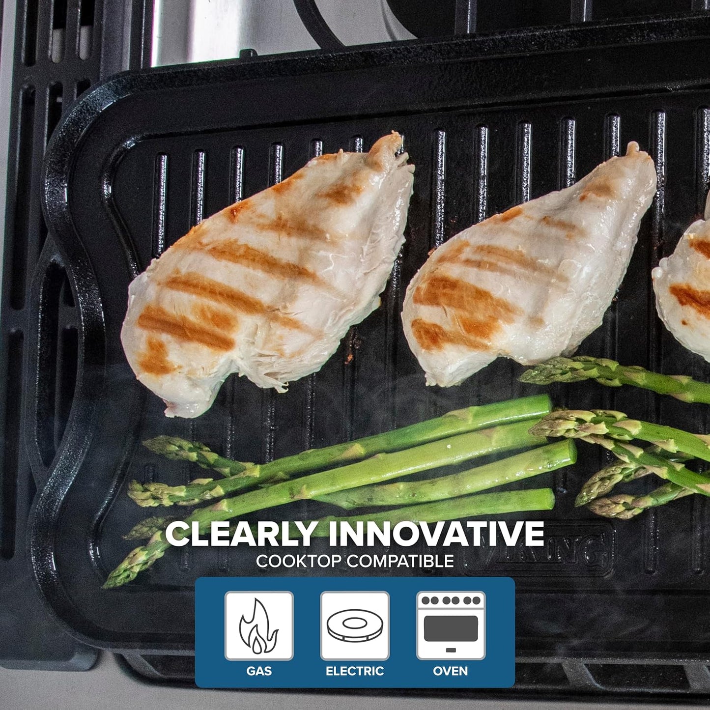 Viking Griddle, 20 Inch Reversible Cast Iron Grill Pan, Pre-Seasoned, Oven Safe, Hand Wash Only, Black