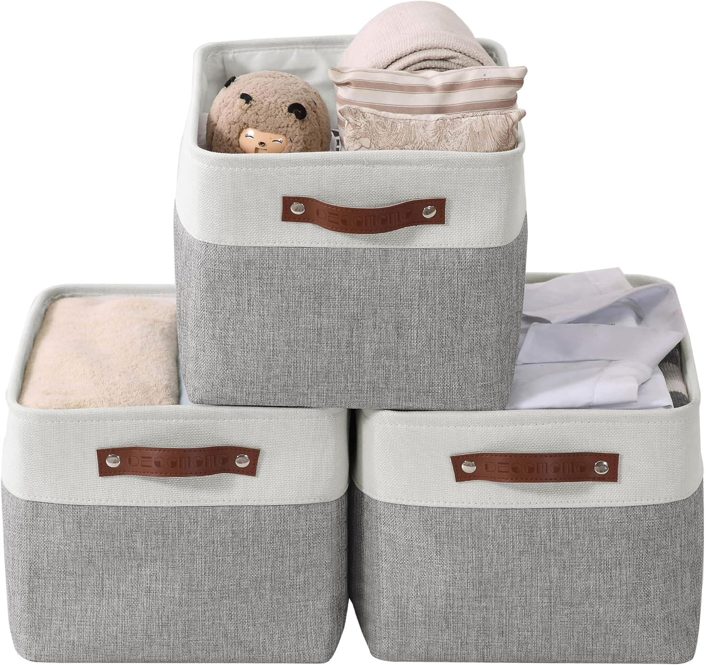 DECOMOMO Storage Baskets for Shelves - Fabric Storage Bins, Linen Closet Organizers and Storage (Grey & White, Large - 3 Pack)