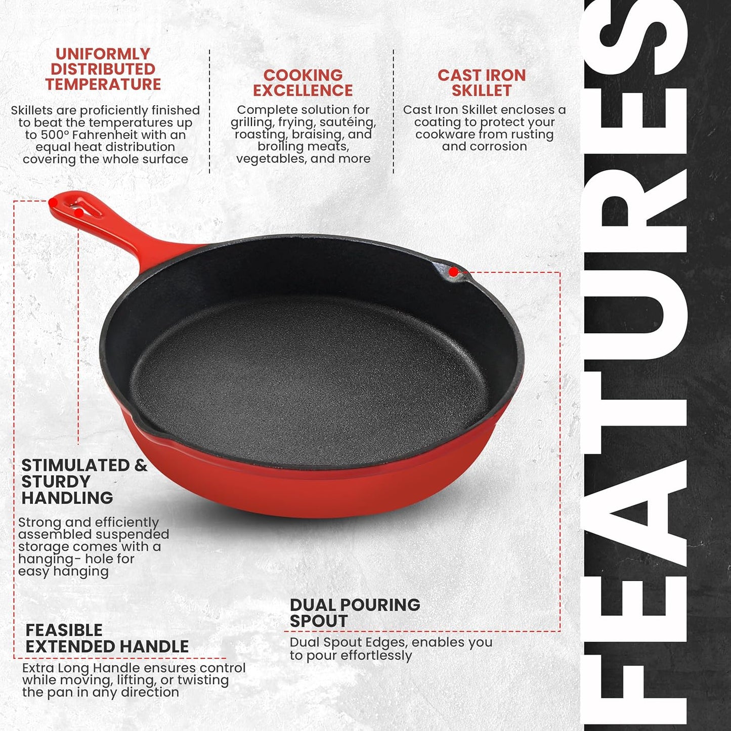 Utopia Kitchen Cast iron Skillets 3 Piece Set,Chefs Pan, Pre Seasoned Cast iron Skillets, 6, 8 & 10 Inches, Easy Use in the Oven, Stove, Grill, or Campfire, Red