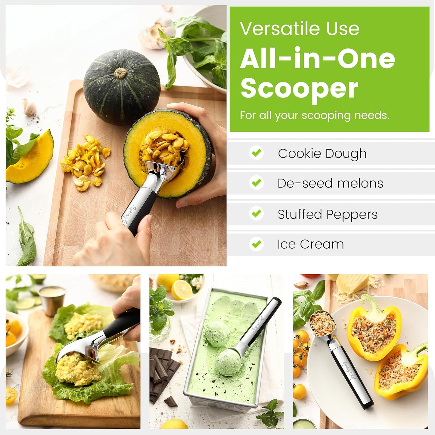 Spring Chef Heavy Duty Metal Ice Cream Scoop - Dishwasher Safe Ice Cream Scooper, Commercial Icecream Scoop Spade, Professional Kitchen Tool for Gelato, Melon, Sundae, Cookie Spoon - Black