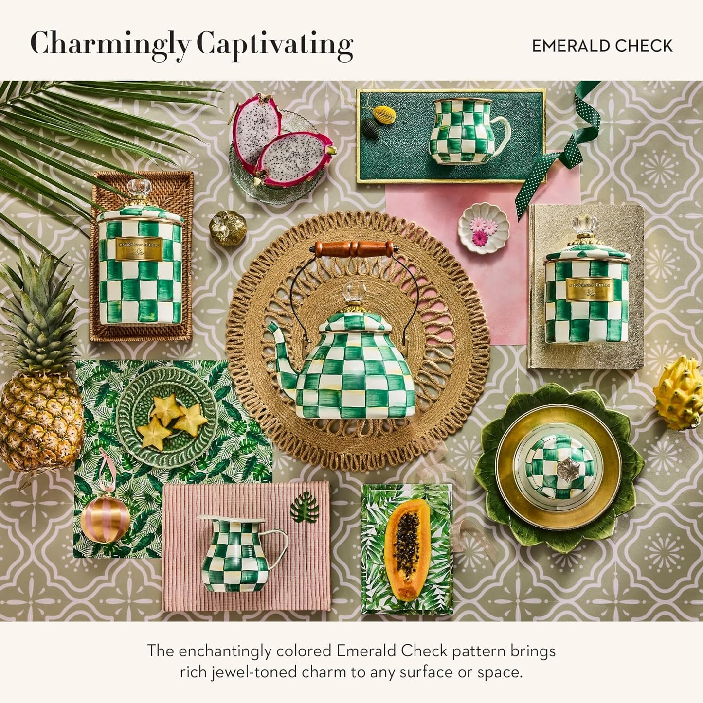 MACKENZIE-CHILDS Enamel Lidded Sugar Bowl, Small Serving Bowl with Lid, 10-Ounce Capacity, Green-and-White Emerald Check